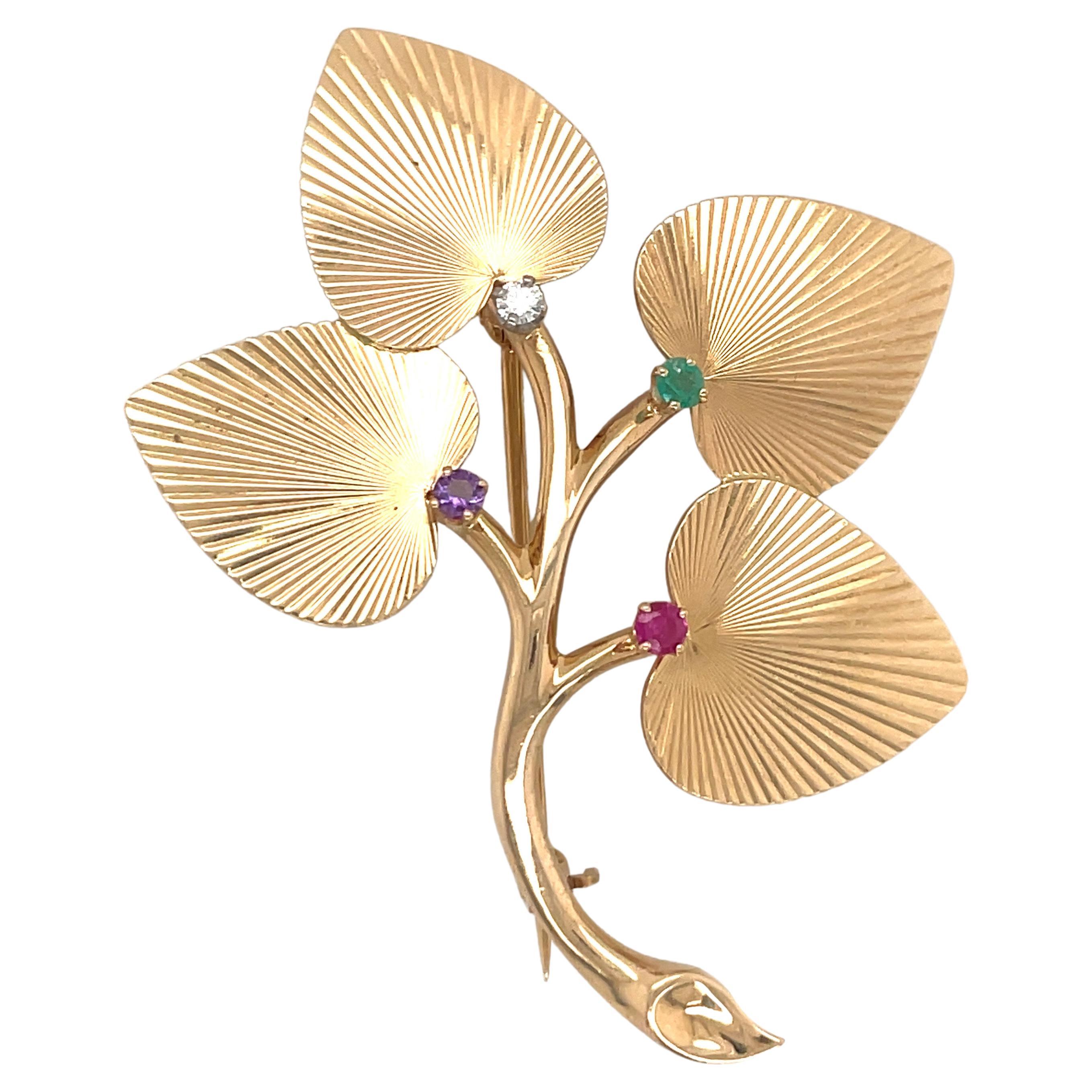Tiffany & Co. Floral Gemstone Large Pin Brooch 14 Karat Yellow Gold 10.6 Grams For Sale