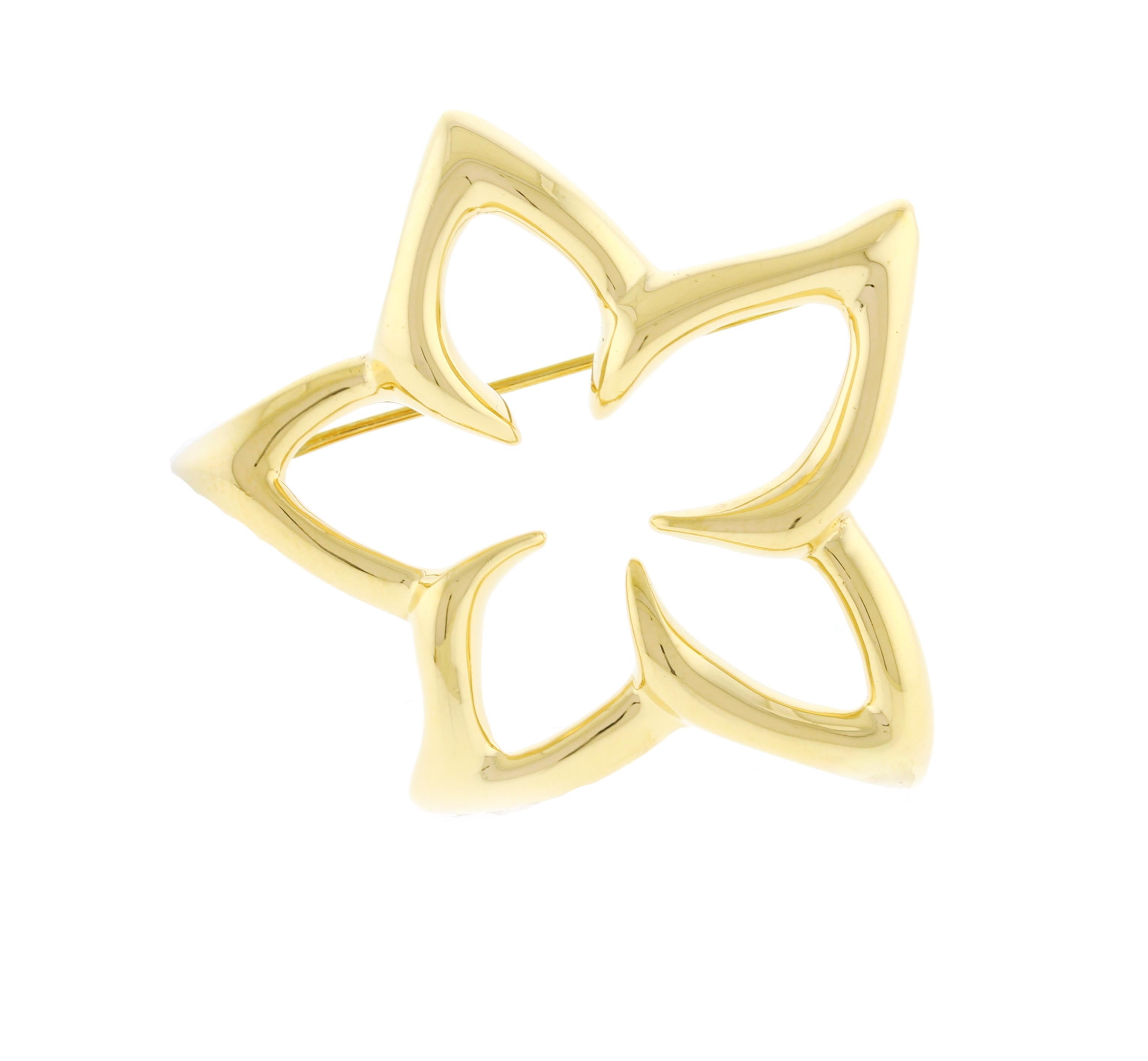 From Tiffany& Co. this wonderful open floral star brooch
♦ Designer: Tiffany & Co.
♦ Metal: 18 karat
♦ Circa 1980s
♦ 1 ¾ inches across
♦ 13 grams
♦ Packaging: Tiffany Box
♦ Condition: Excellent , pre-owned
 
