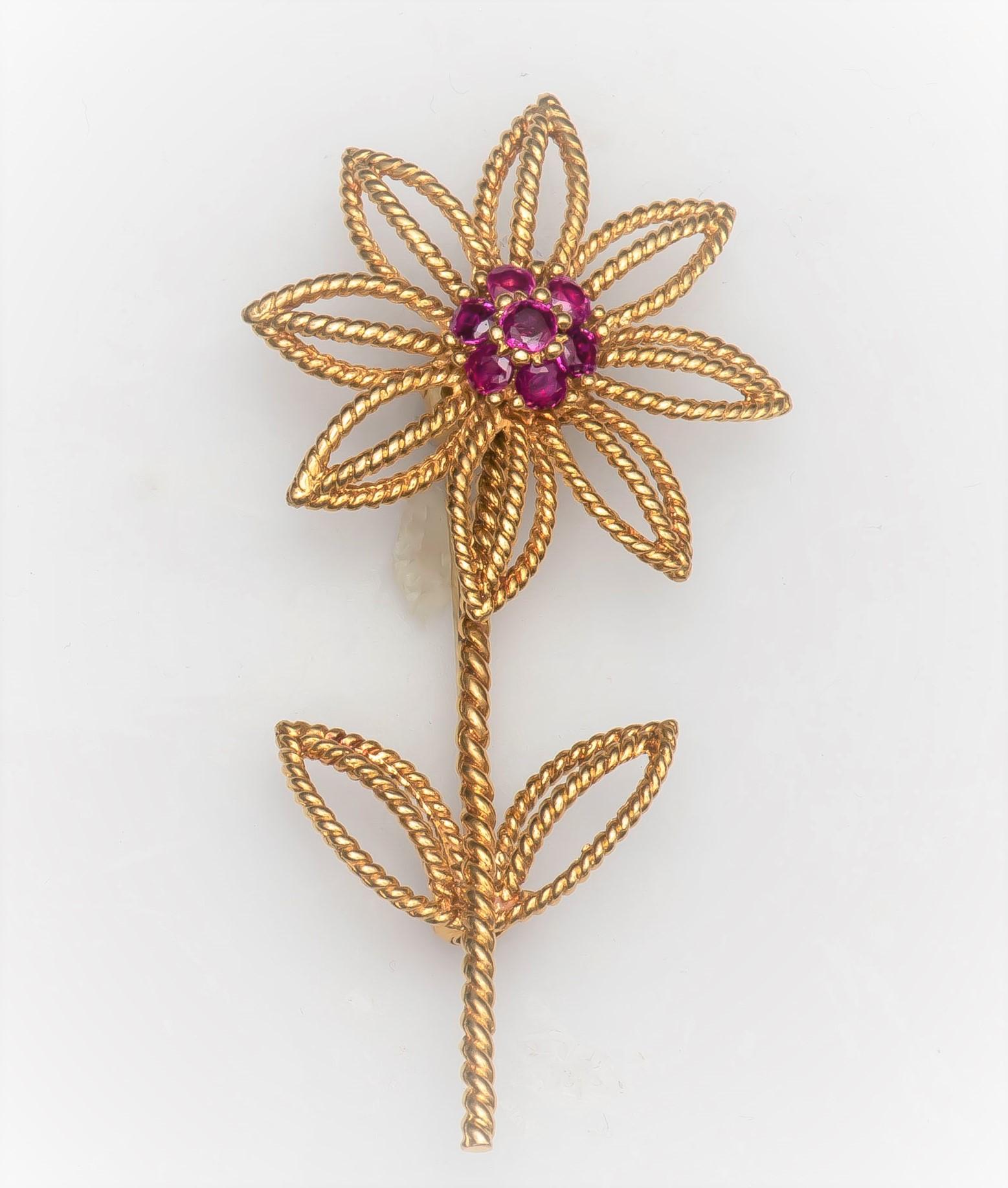 Tiffany & Co. Flower Brooch with 0.06 Carat of Fine Rubies in 18 Karat Gold In Good Condition In Houston, TX