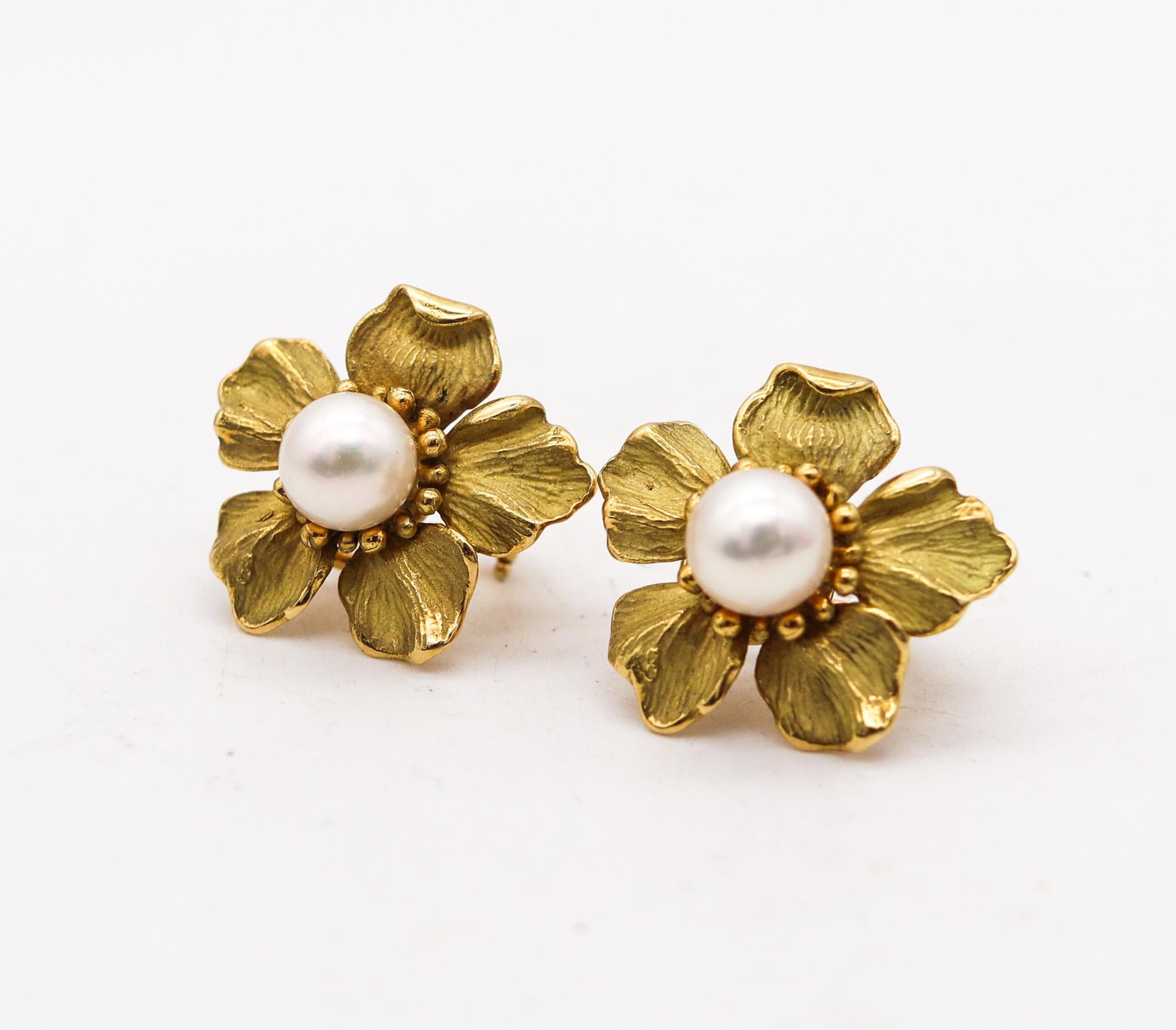 Pair of earrings designed by Tiffany & Co.

Very nice pair of clips earrings, created by Tiffany & Co. back in the 1980. They were crafted with the organic motif of a five-petals flower in solid yellow gold of 18 karats with textured finish. Fitted