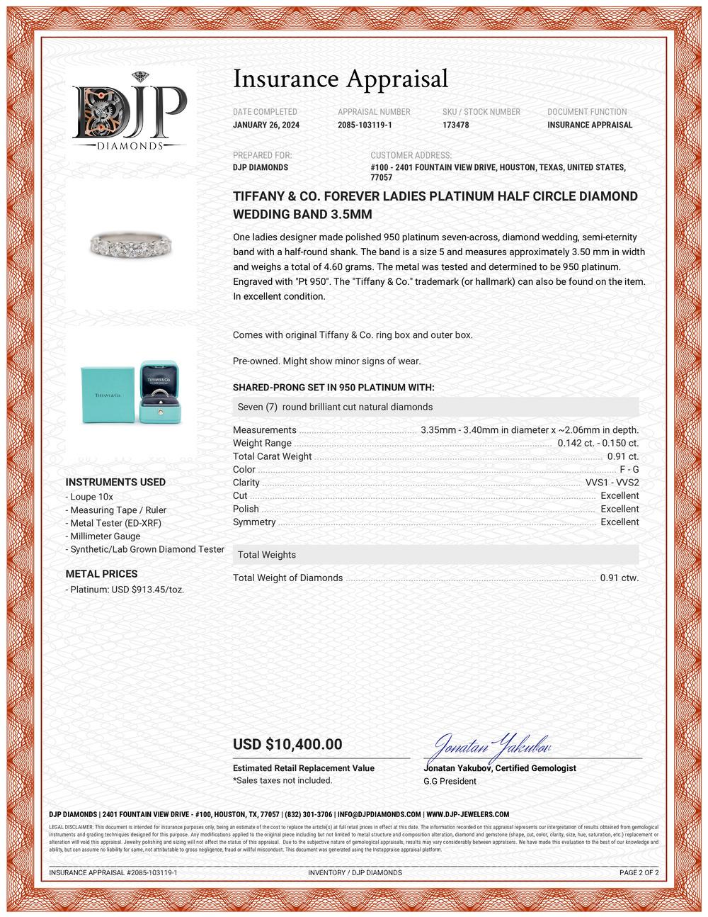 Tiffany & Co. Forever Ladies Platinum Half Circle Diamond Wedding Band 3.5MM 5