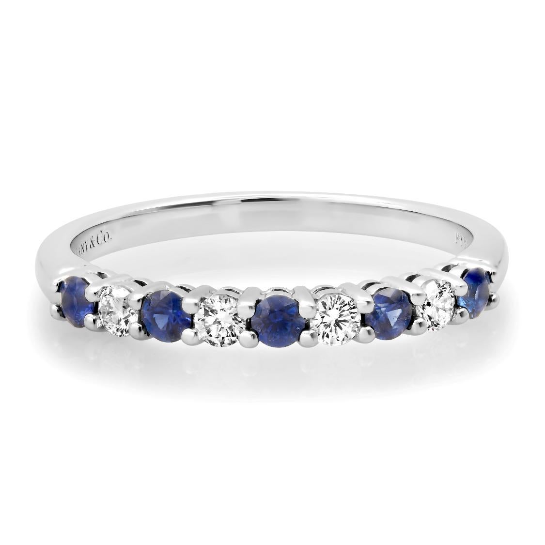 Round Cut TIFFANY & Co. Forever Platinum 2.2mm Half Circle Diamond Sapphire Band Ring 5.5 For Sale