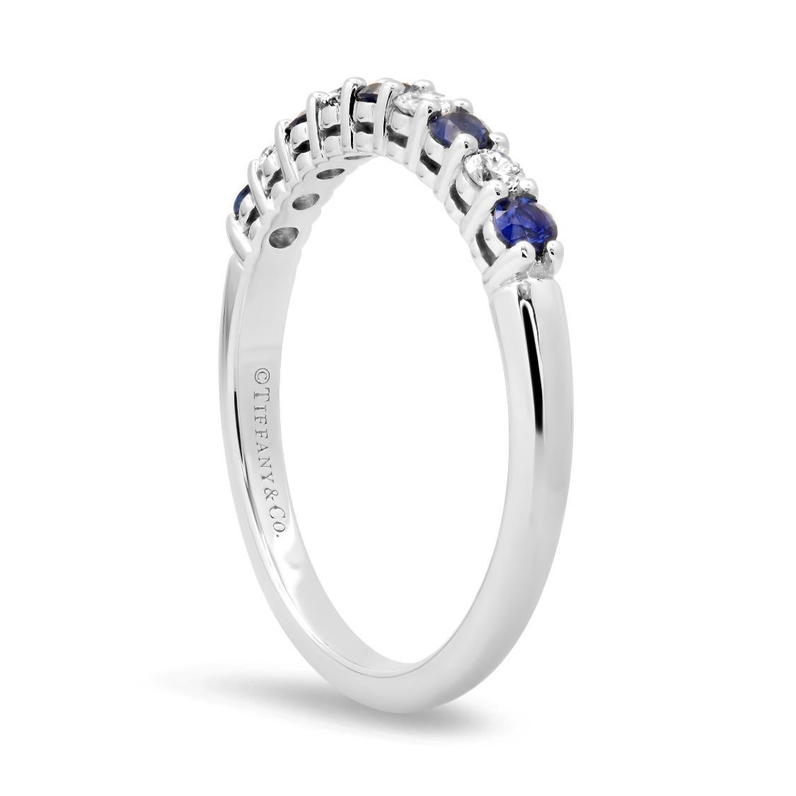 TIFFANY & Co. Forever Platinum 2.2mm Half Circle Diamond Sapphire Band Ring 5.5 In Excellent Condition For Sale In Los Angeles, CA
