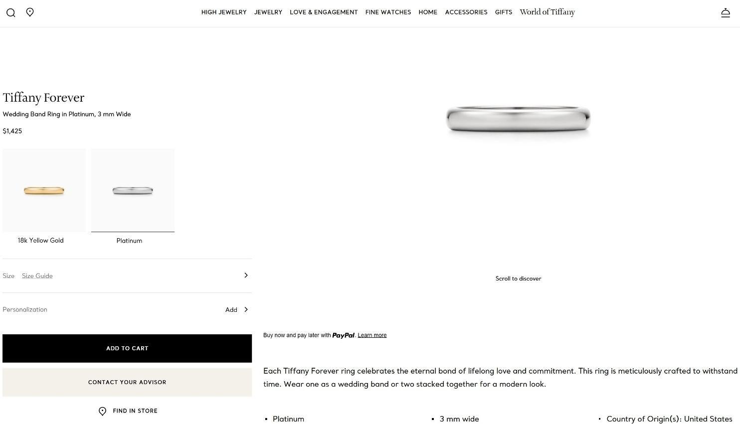 TIFFANY & Co. Für immer Platin 3mm Lucida Ehering Ring 9 Damen im Angebot