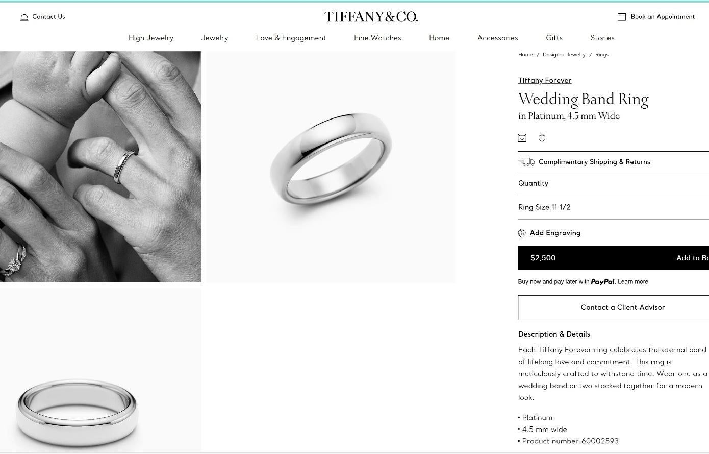 TIFFANY & Co. Forever Platinum 4.5mm Lucida Wedding Band Ring 11.5 Men's For Sale 3