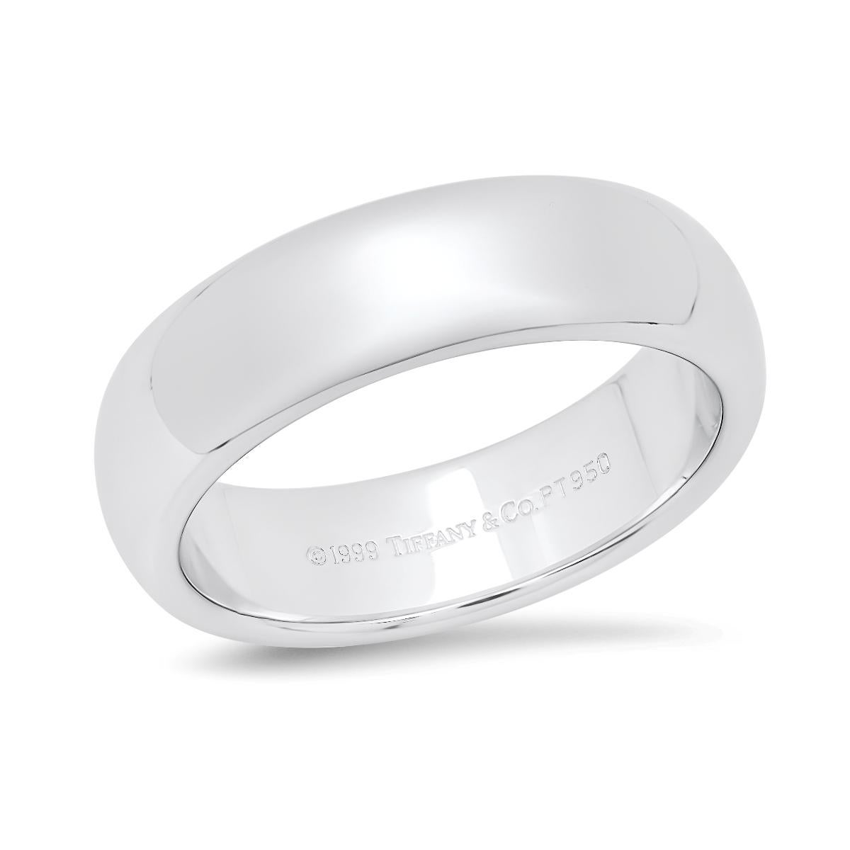 TIFFANY & Co. Forever Platinum 6mm Lucida Wedding Band Ring 8

Metal: Platinum
Size: 8
Band Width: 6mm
Weight: 14.40 grams
Hallmark: ©1999 TIFFANY&CO. PT950
Condition: Brand new, never worn. It comes with Tiffany box 
Tiffany Price: