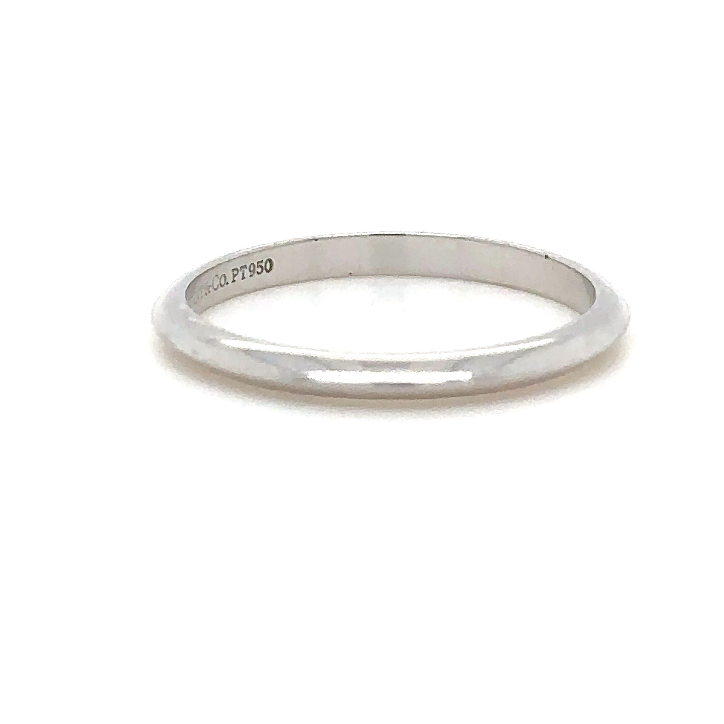 Tiffany & Co. Platinum 950 Forever Wedding Band, weighing 2.9 grams. 

Metal: 950 Platinum
Carat: N/A
Colour: N/A
Clarity:  N/A
Cut: N/A
Weight: 2.9 grams
Engravings/Markings: Stamped: Tiffany & Co. PT950.

Size/Measurement: Ring Size P

Current