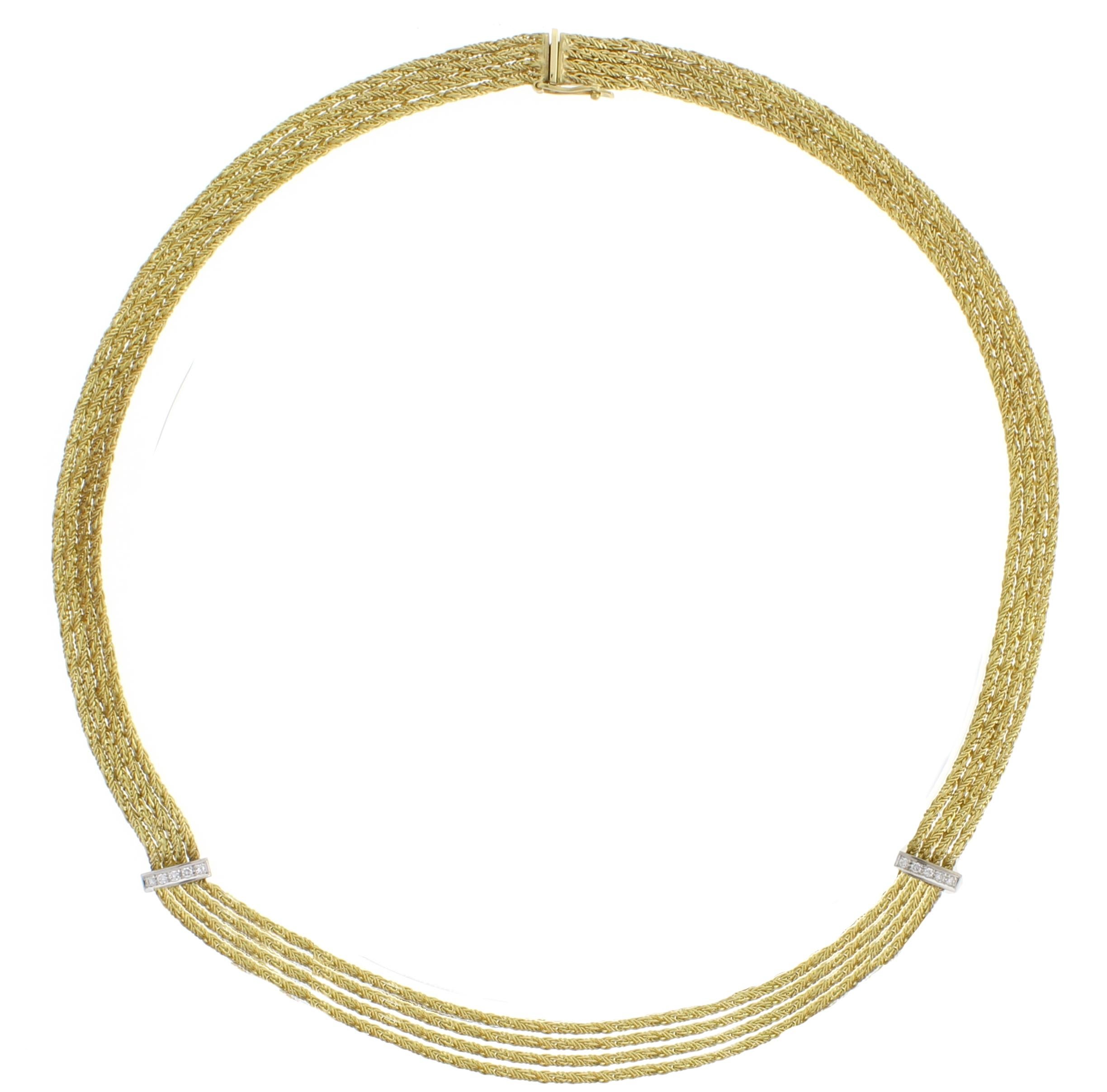 From Tiffany & Co. a four stand 18 karat gold necklace with diamonds
♦ Designer: Tiffany & Co.
♦ Metal: 18 karat
♦ 10 Diamonds=.20
♦ Circa 1980s
♦ 16.5 inches, 3/8 of and inch wide
♦34.5 grams
♦ Condition: Excellent , pre-owned
♦ Price: Based on the