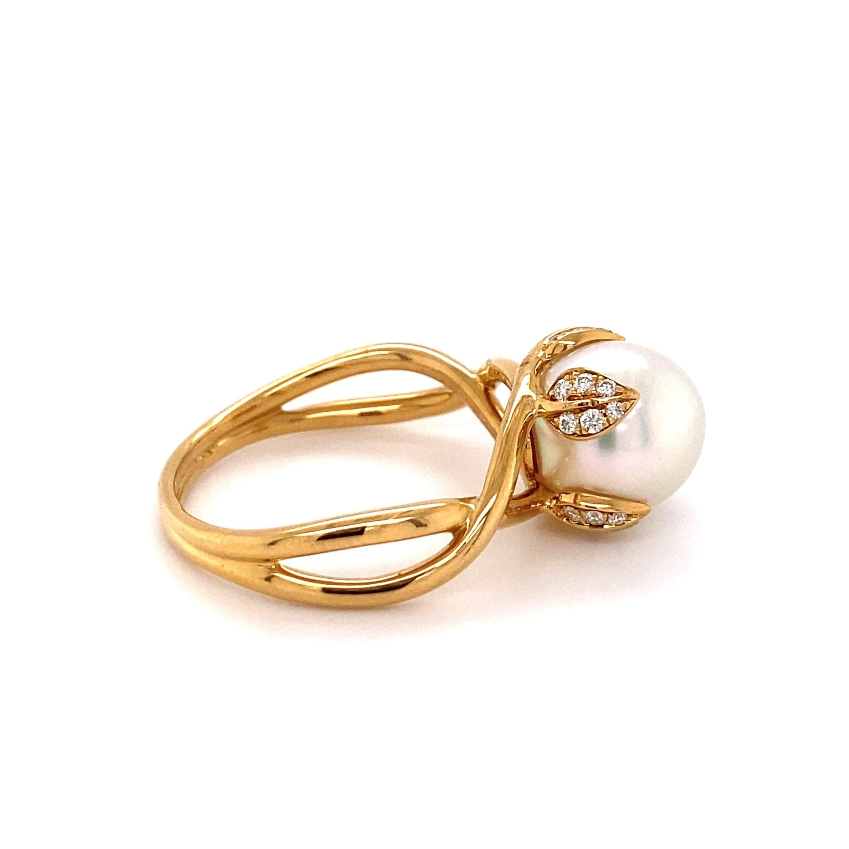 Simply Beautiful! 18K Yellow Gold Ring, centering an 11mm Pearl, accented by Diamonds, approx. 0.24tcw. Shank marked: Tiffany & Co 750 France. Approx. dimensions: 1.35”l x 0.98”w x 0.46”h. Ring size: 11.25, we offer ring resizing. Chic, Classic and