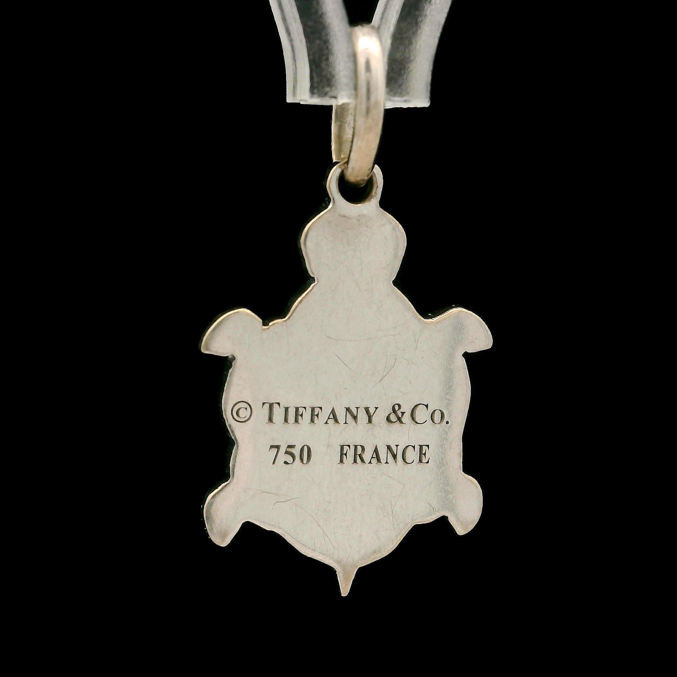Brilliant Cut Tiffany & Co. France 18k White Gold Enamel Work w/ Diamond Turtle Charm Pendant