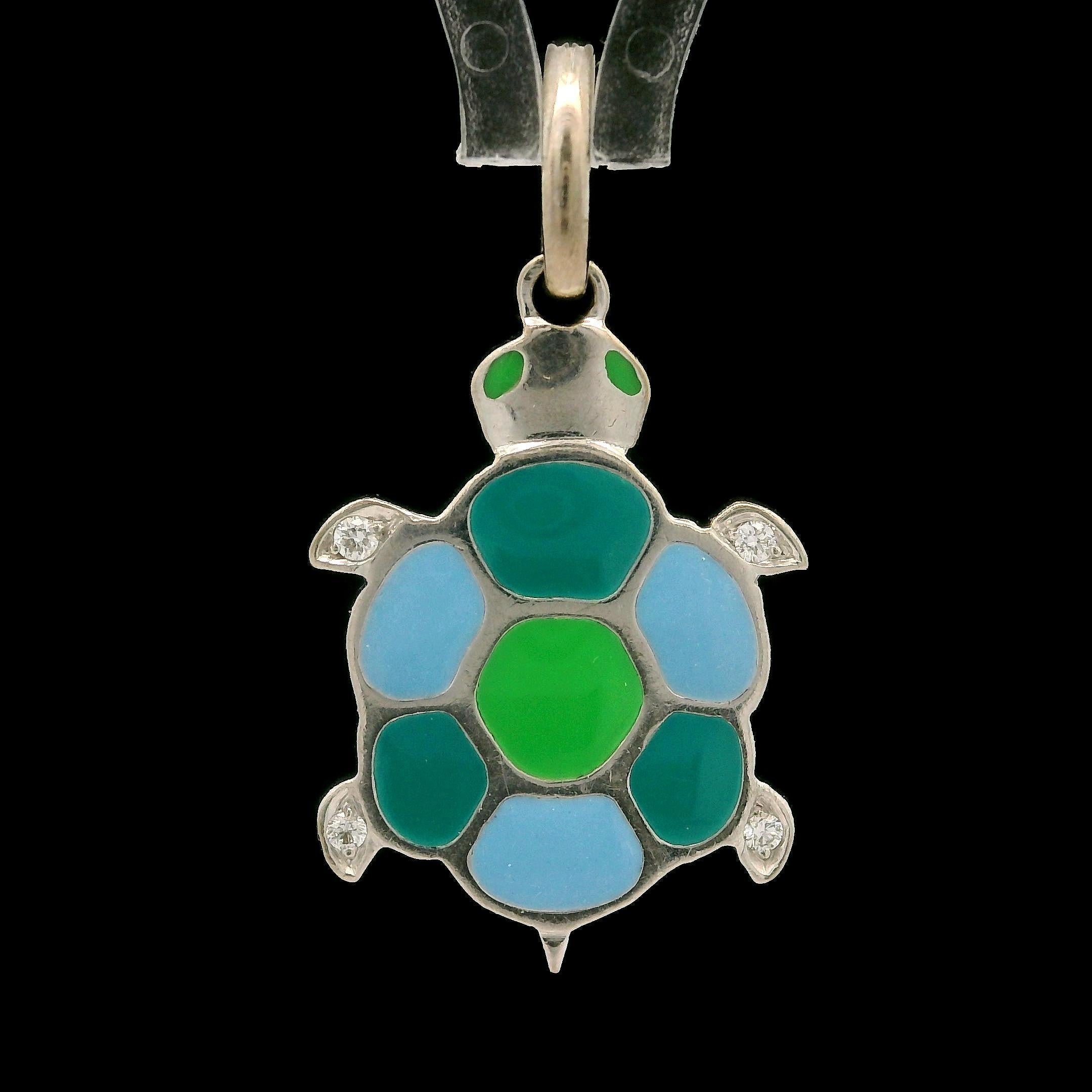 Tiffany & Co. France 18k White Gold Enamel Work w/ Diamond Turtle Charm Pendant In Excellent Condition In Montclair, NJ