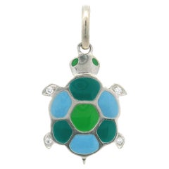 Tiffany & Co. France 18k White Gold Enamel Work w/ Diamond Turtle Charm Pendant