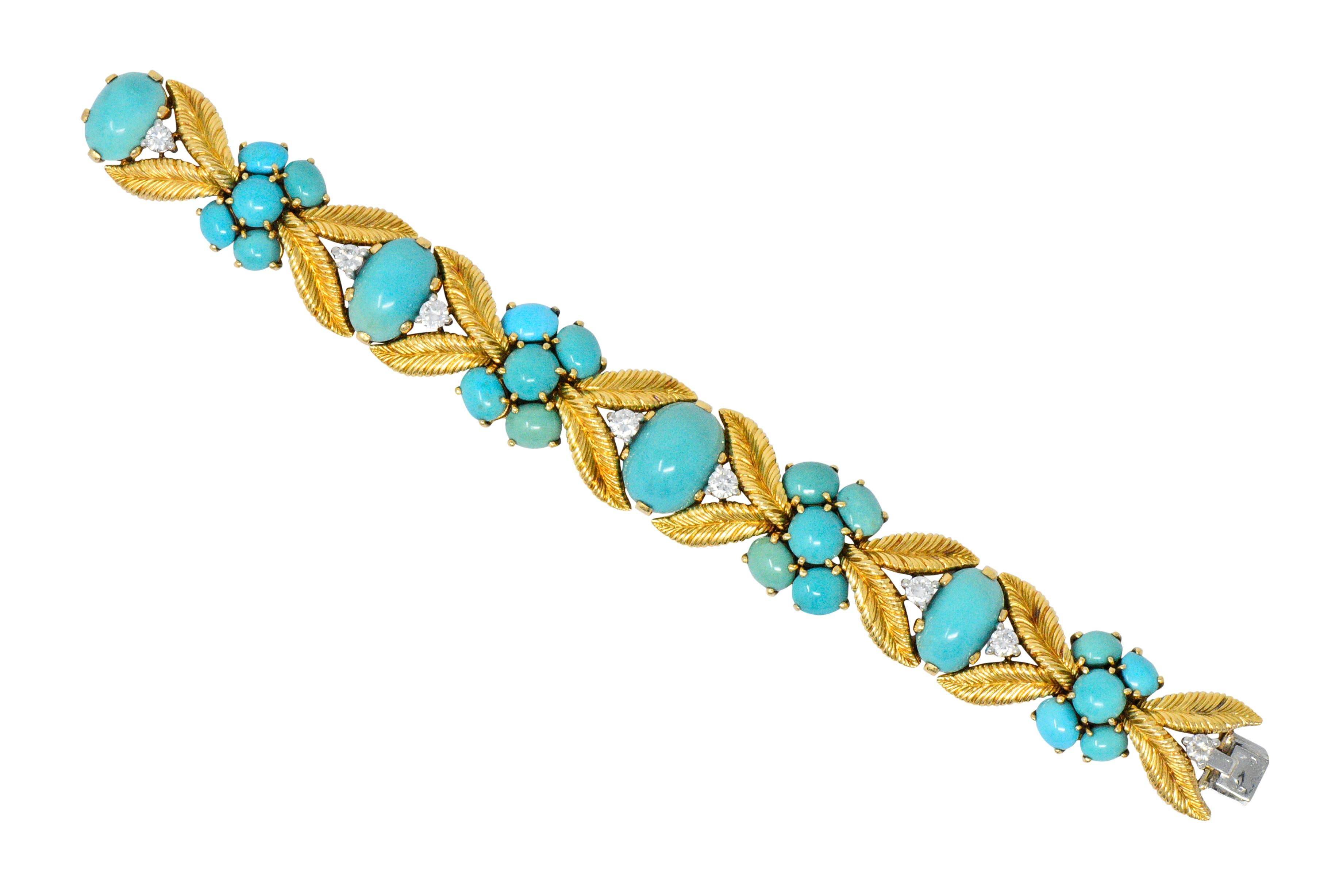Set with oval and round cabochon turquoise of varying hues, the largest turquoise measuring approximately 16.2 x 12.8 mm

Accented by 8 round brilliant cut diamonds weighing approximately 2.00 carats total, F/G color and VS clarity

With rich