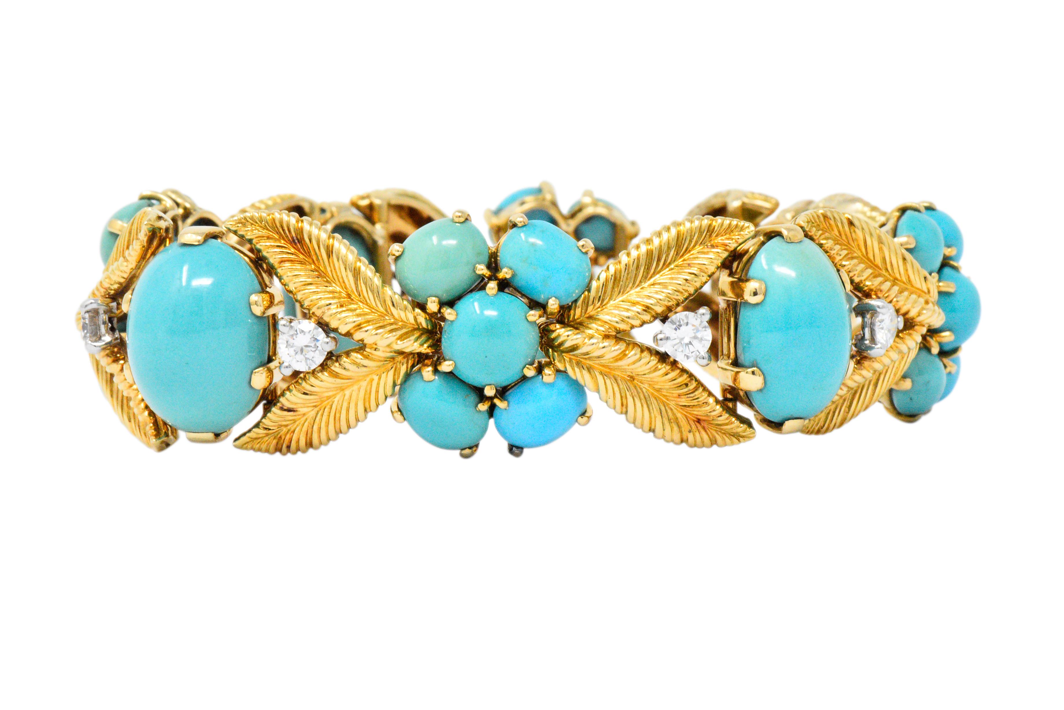 Retro Tiffany & Co. France 1950s Diamond Turquoise Platinum 18 Karat Gold Bracelet