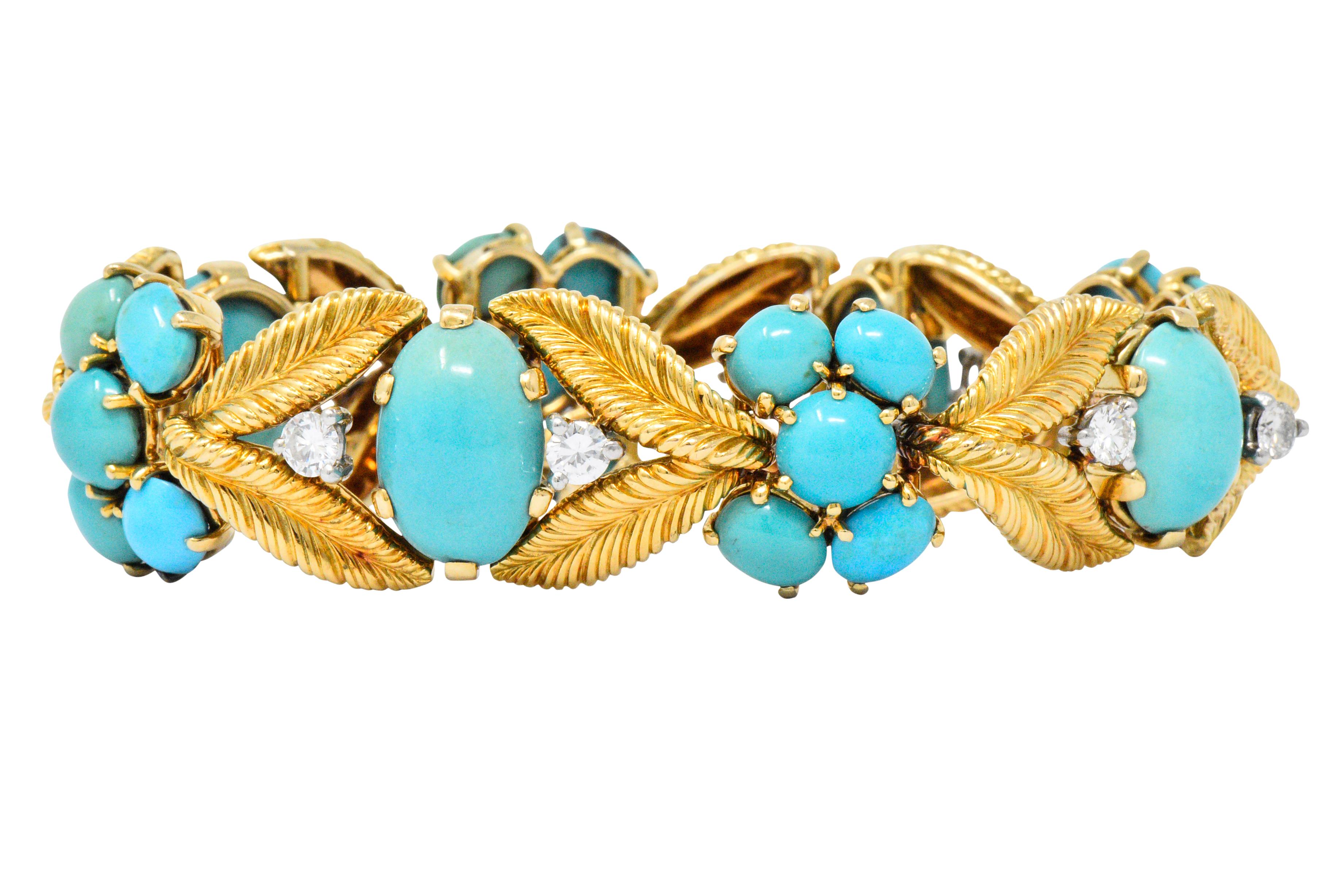 Round Cut Tiffany & Co. France 1950s Diamond Turquoise Platinum 18 Karat Gold Bracelet