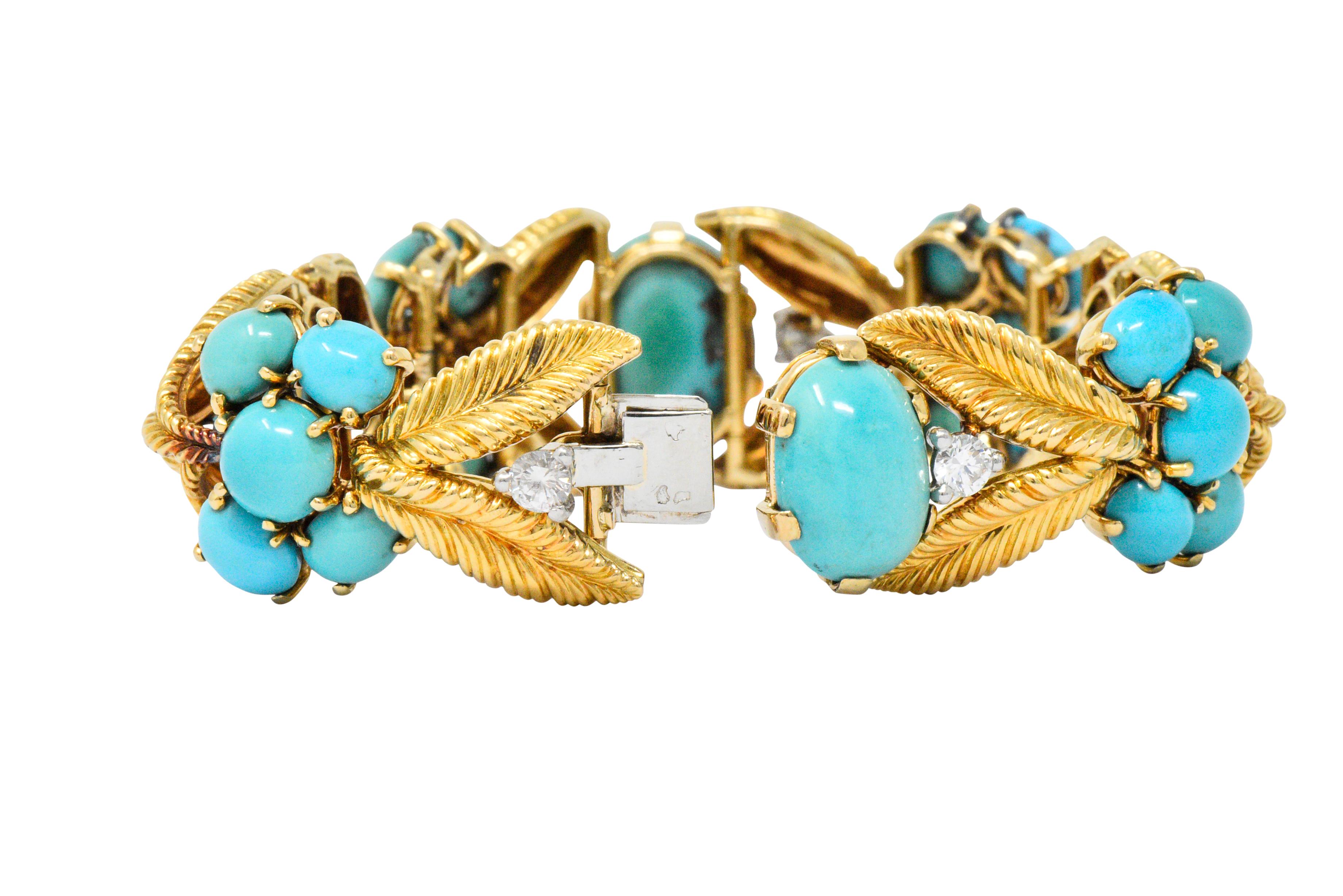 Tiffany & Co. France 1950s Diamond Turquoise Platinum 18 Karat Gold Bracelet In Excellent Condition In Philadelphia, PA