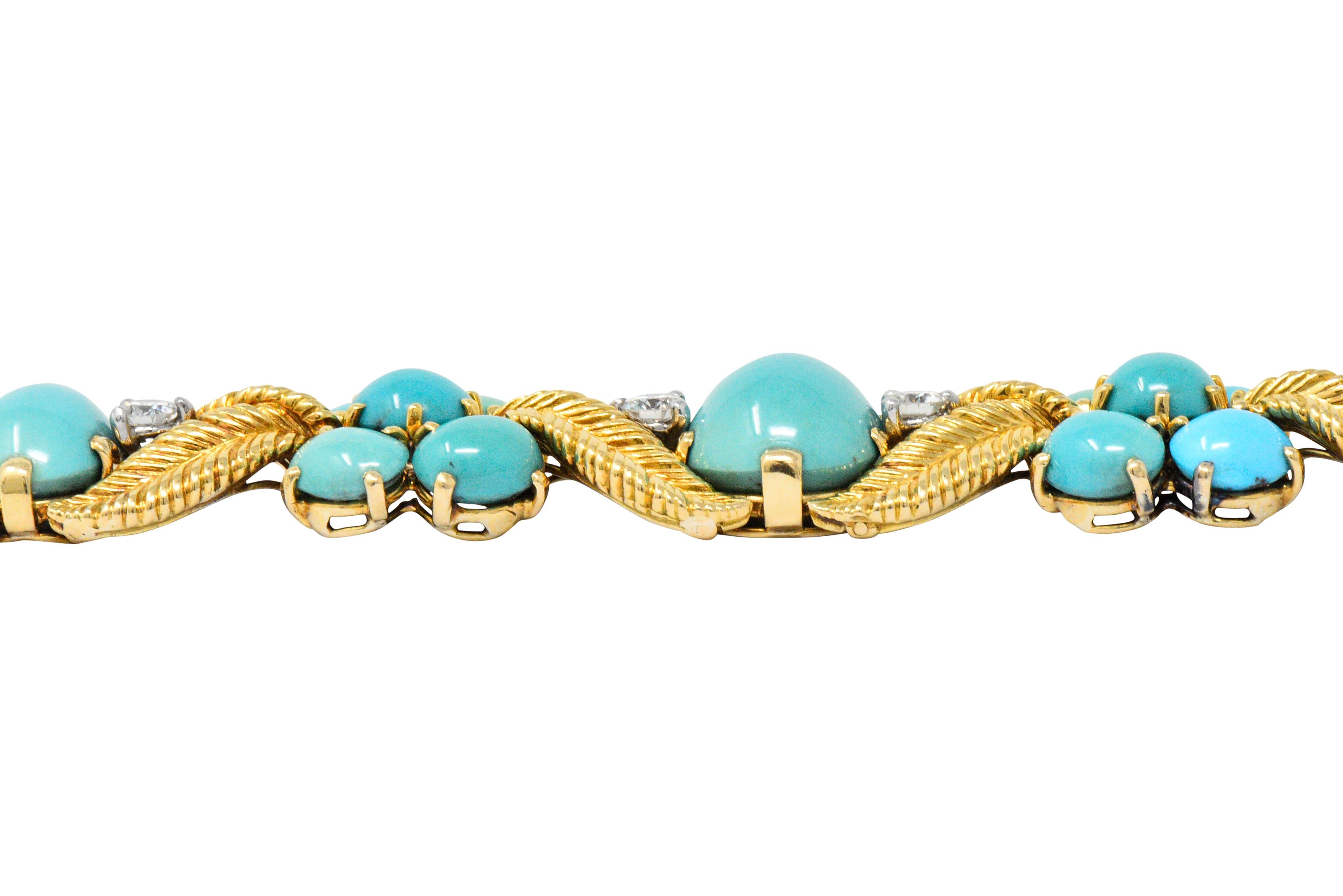 Women's or Men's Tiffany & Co. France 1950s Diamond Turquoise Platinum 18 Karat Gold Bracelet