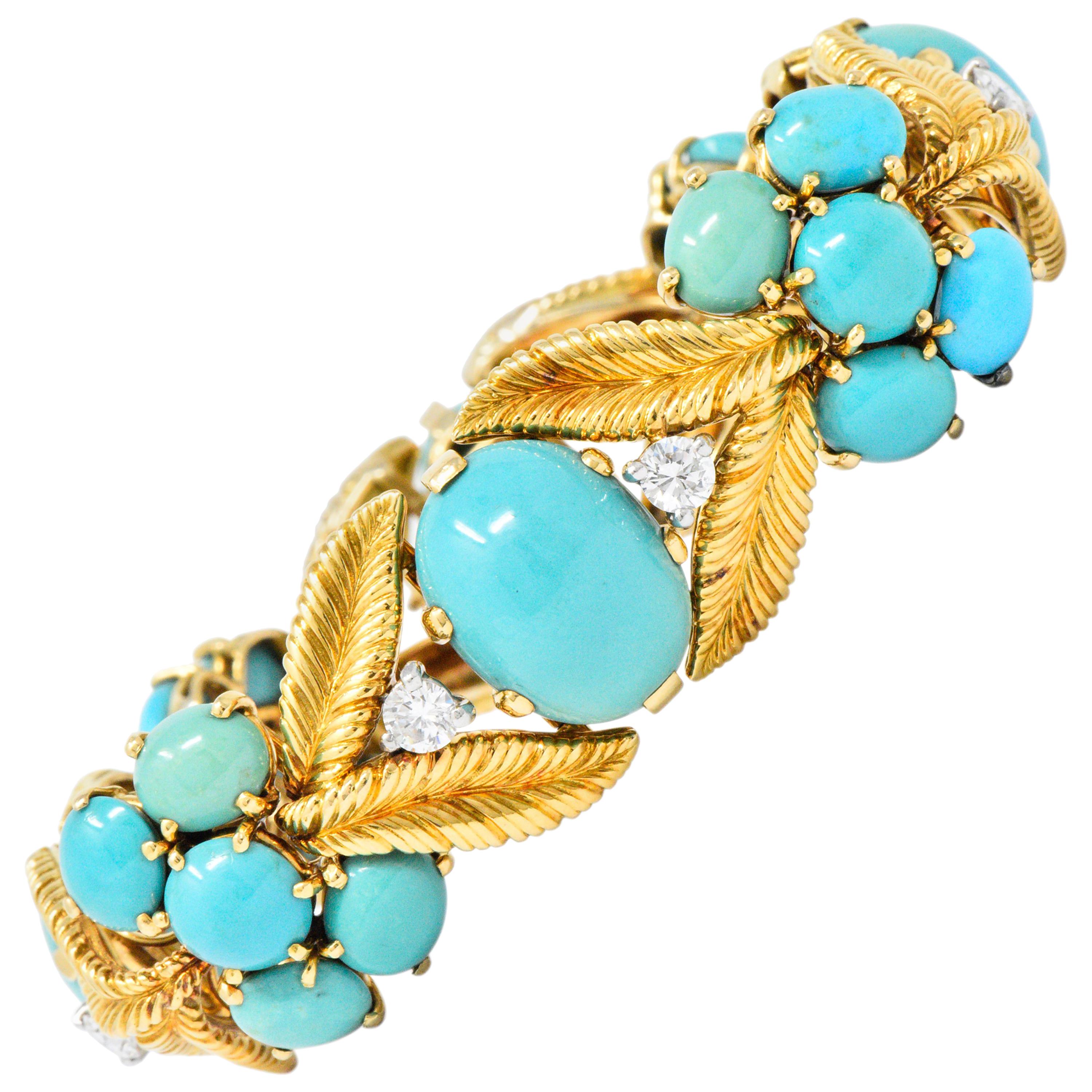 Tiffany & Co. France 1950s Diamond Turquoise Platinum 18 Karat Gold Bracelet