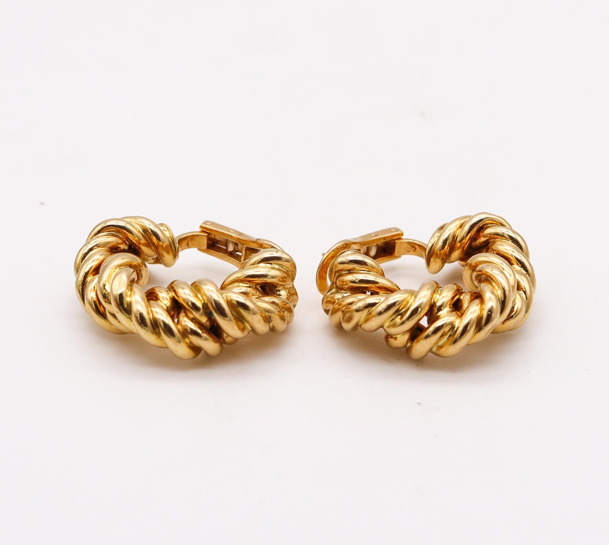 Modernist Tiffany & Co. France 1973 Donald Claflin Twisted Ropes Hoops Earrings 18k Gold