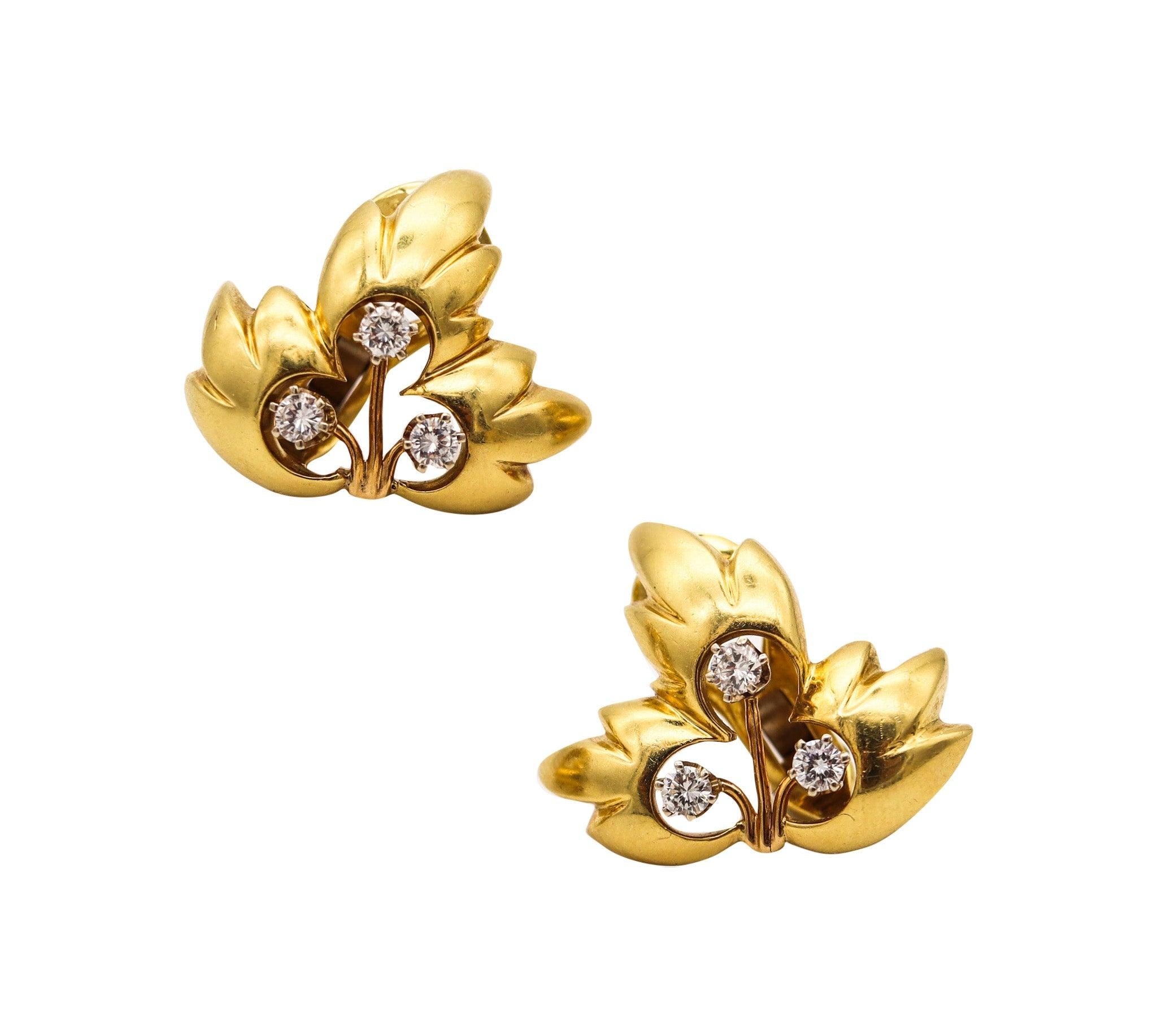 TIFFANY & CO. France 1995 Leaves Earrings In 18Kt Yellow Gold With VS Diamonds 1