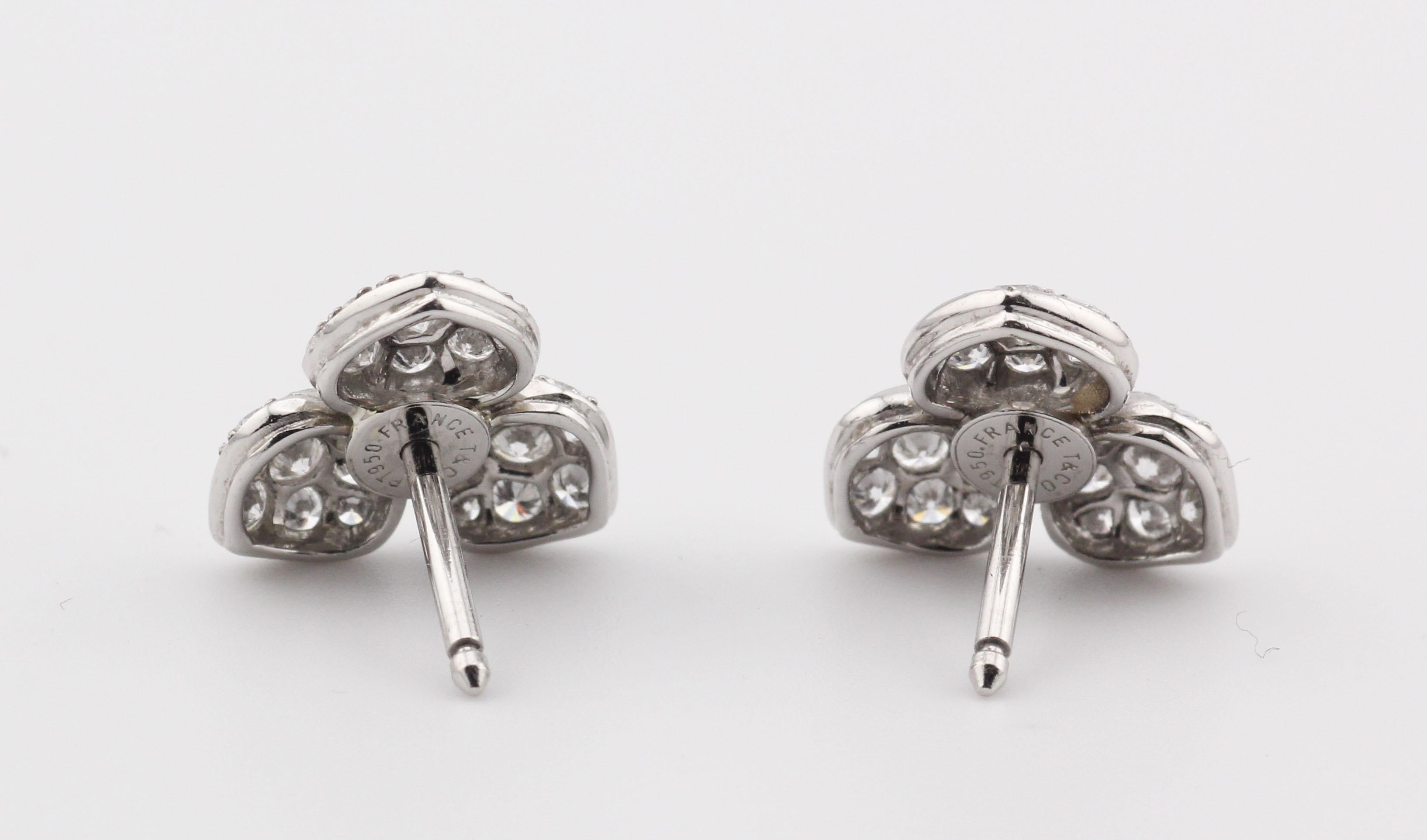 Tiffany & Co. France Diamond Platinum Pt950 Clover Stud Earrings In Good Condition For Sale In Simpsonville, SC