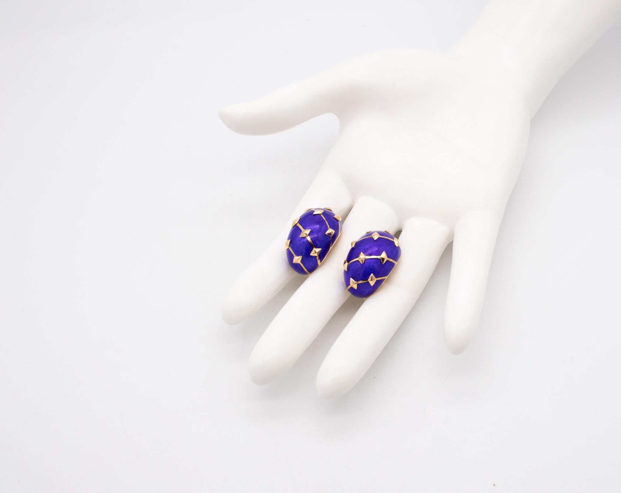 Modernist Tiffany & Co France Jean Schlumberger Lozenge Earrings in 18Kt With Blue Enamel