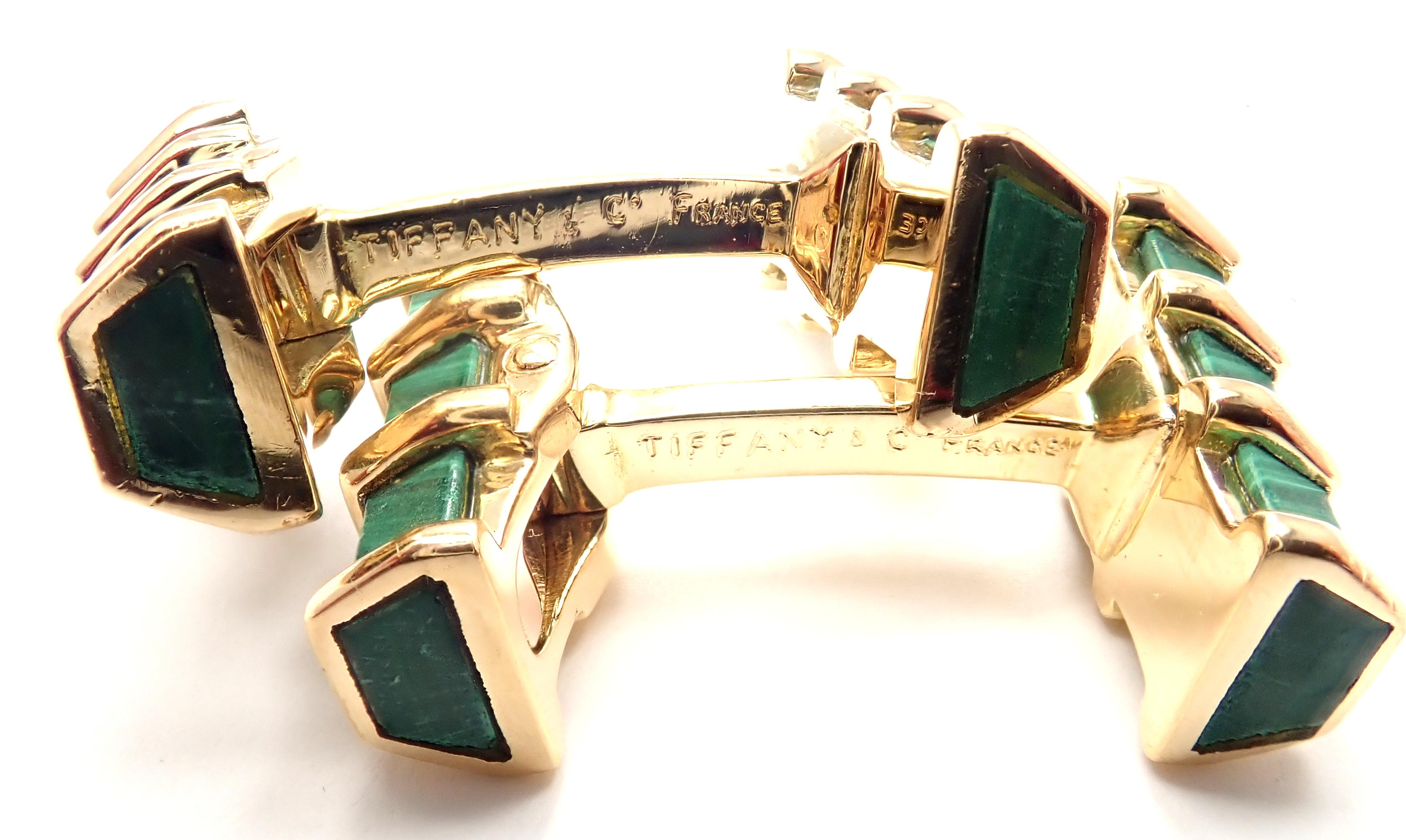 Tiffany & Co France Malachite Yellow Gold Cufflinks In Excellent Condition In Holland, PA