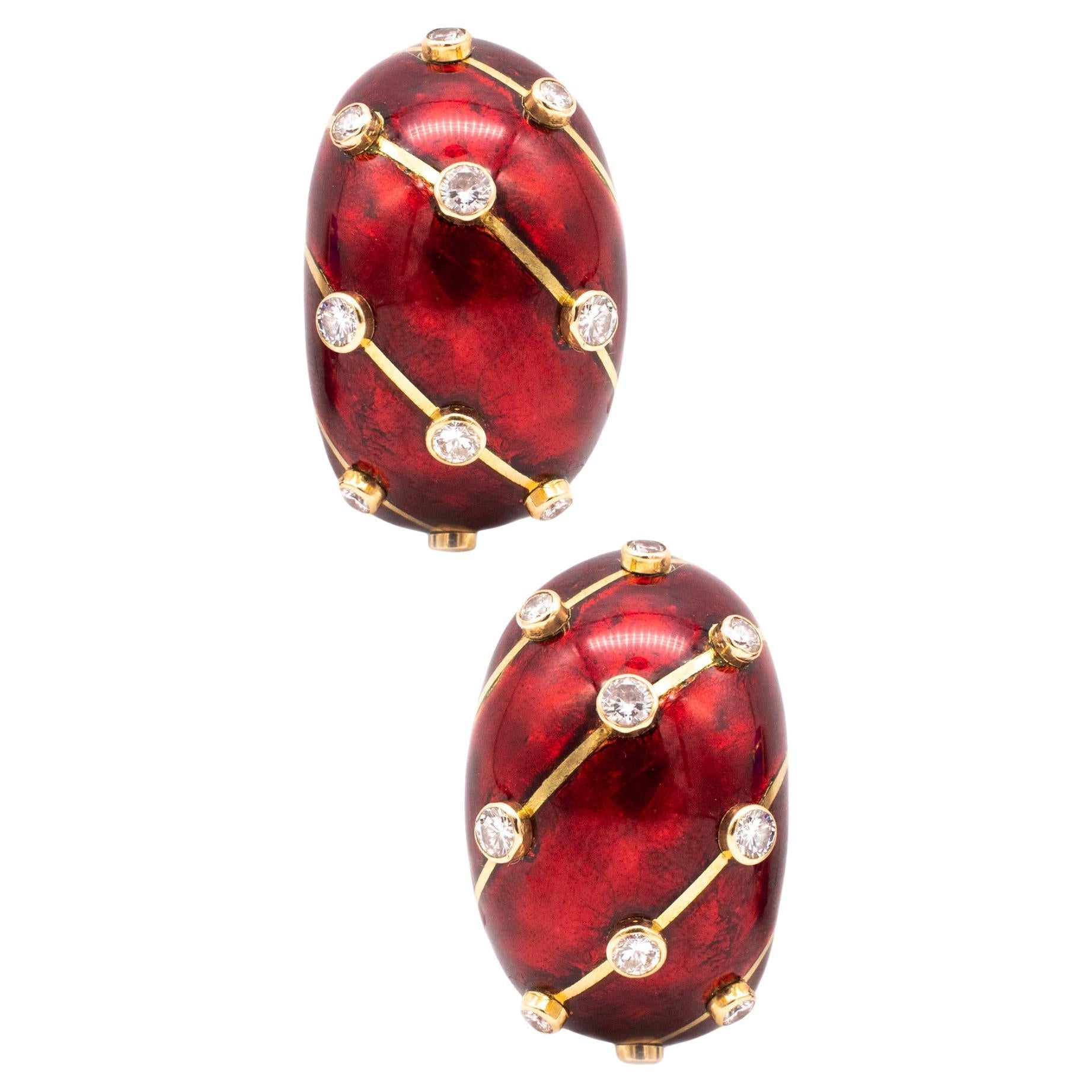 Tiffany & Co. France Schlumberger 18kt Banana Earrings Red Enamel and Diamonds