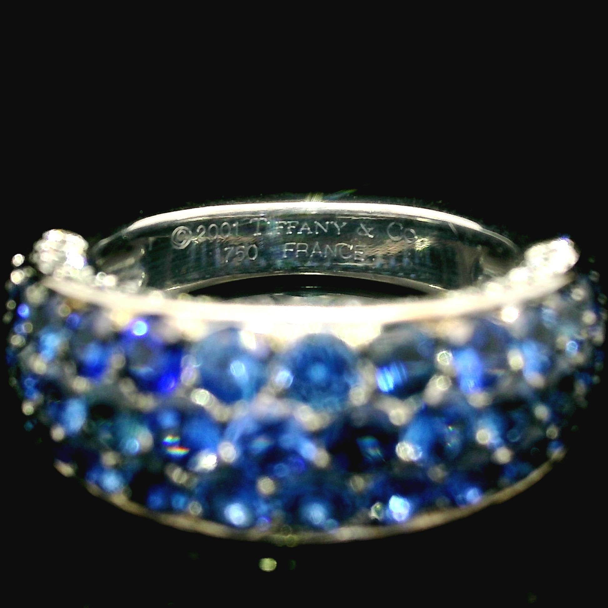 Tiffany & Co. French 18k White Gold 2.78ctw Sapphire and Diamond Band Ring For Sale 2