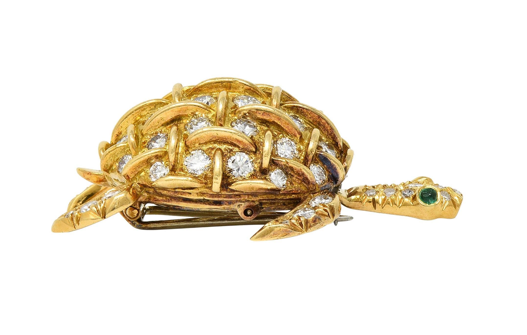 Tiffany & Co. French 3.42 CT Diamond Emerald 18 Karat Gold Vintage Turtle Brooch For Sale 8