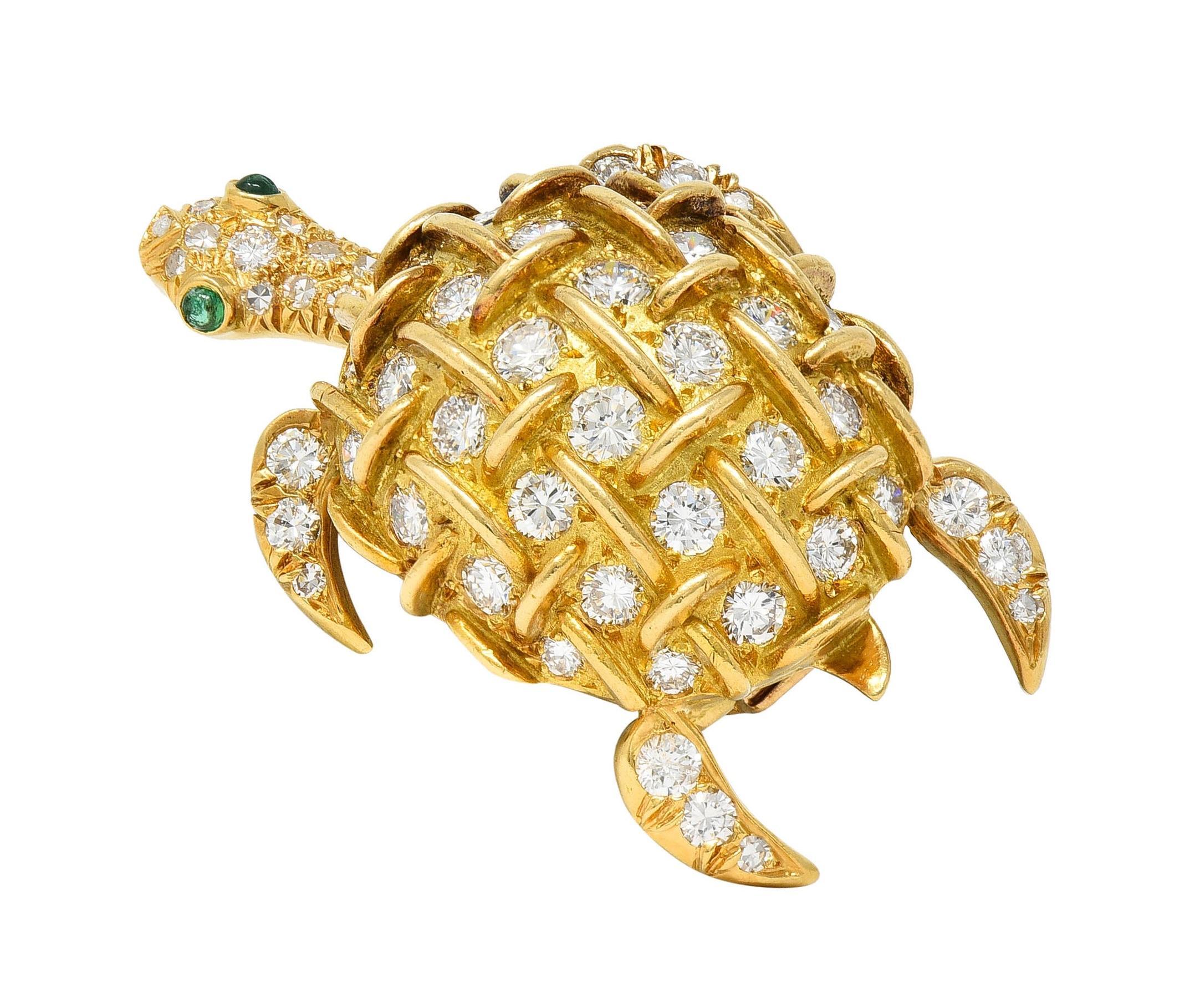 Tiffany & Co. French 3.42 CT Diamond Emerald 18 Karat Gold Vintage Turtle Brooch For Sale 10
