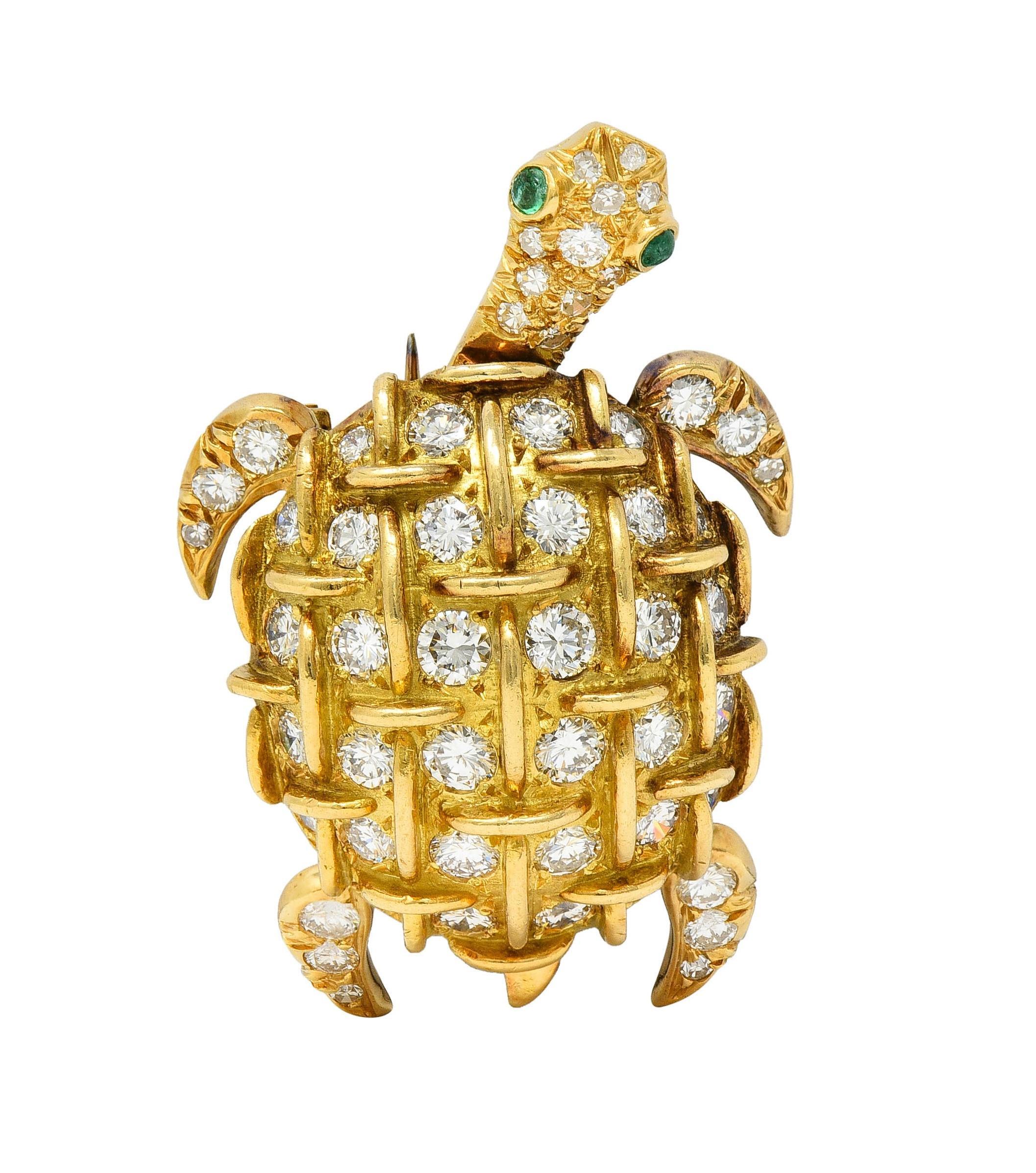 Designed as a stylized turtle with an articulating head and domed basket-weave motif shell
Featuring round brilliant cut diamonds bead set throughout the shell and body
Weighing approximately 3.36 carats total - G color with VS2 clarity
Accented by