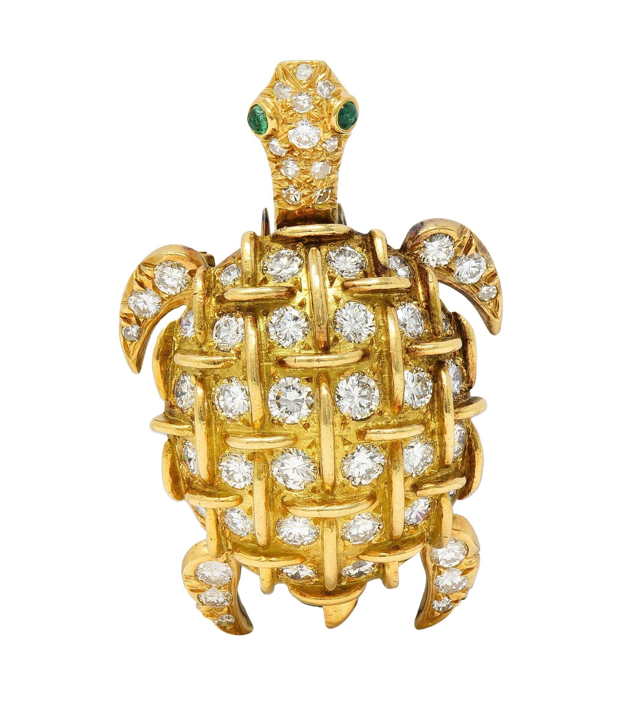 Cabochon Tiffany & Co. French 3.42 CT Diamond Emerald 18 Karat Gold Vintage Turtle Brooch For Sale