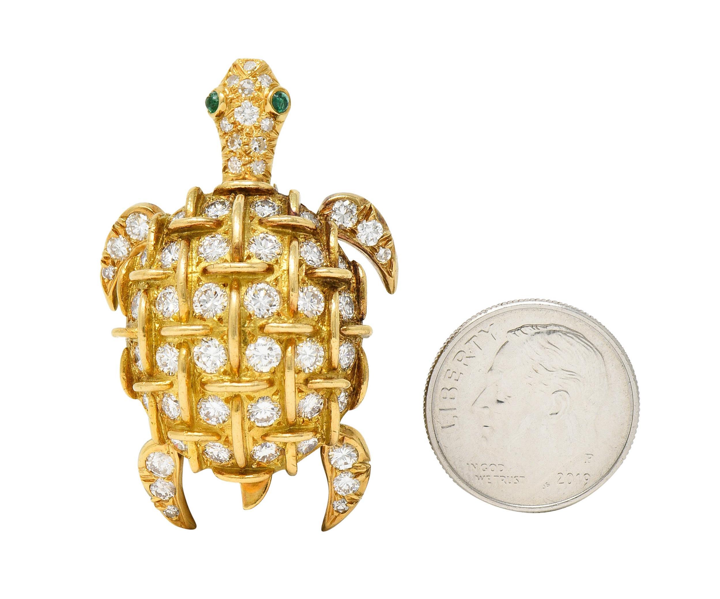 Tiffany & Co. French 3.42 CT Diamond Emerald 18 Karat Gold Vintage Turtle Brooch For Sale 2