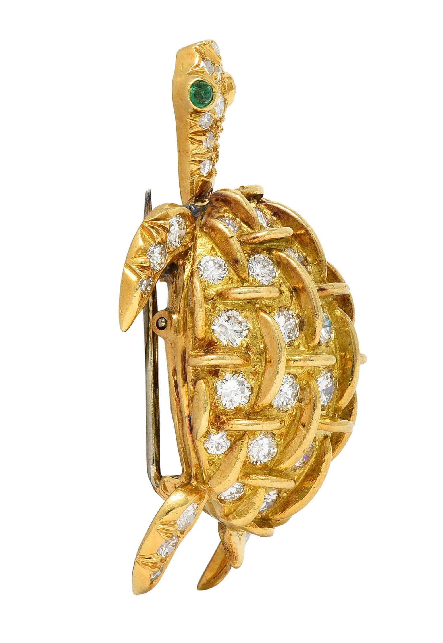 Tiffany & Co. French 3.42 CT Diamond Emerald 18 Karat Gold Vintage Turtle Brooch For Sale 4