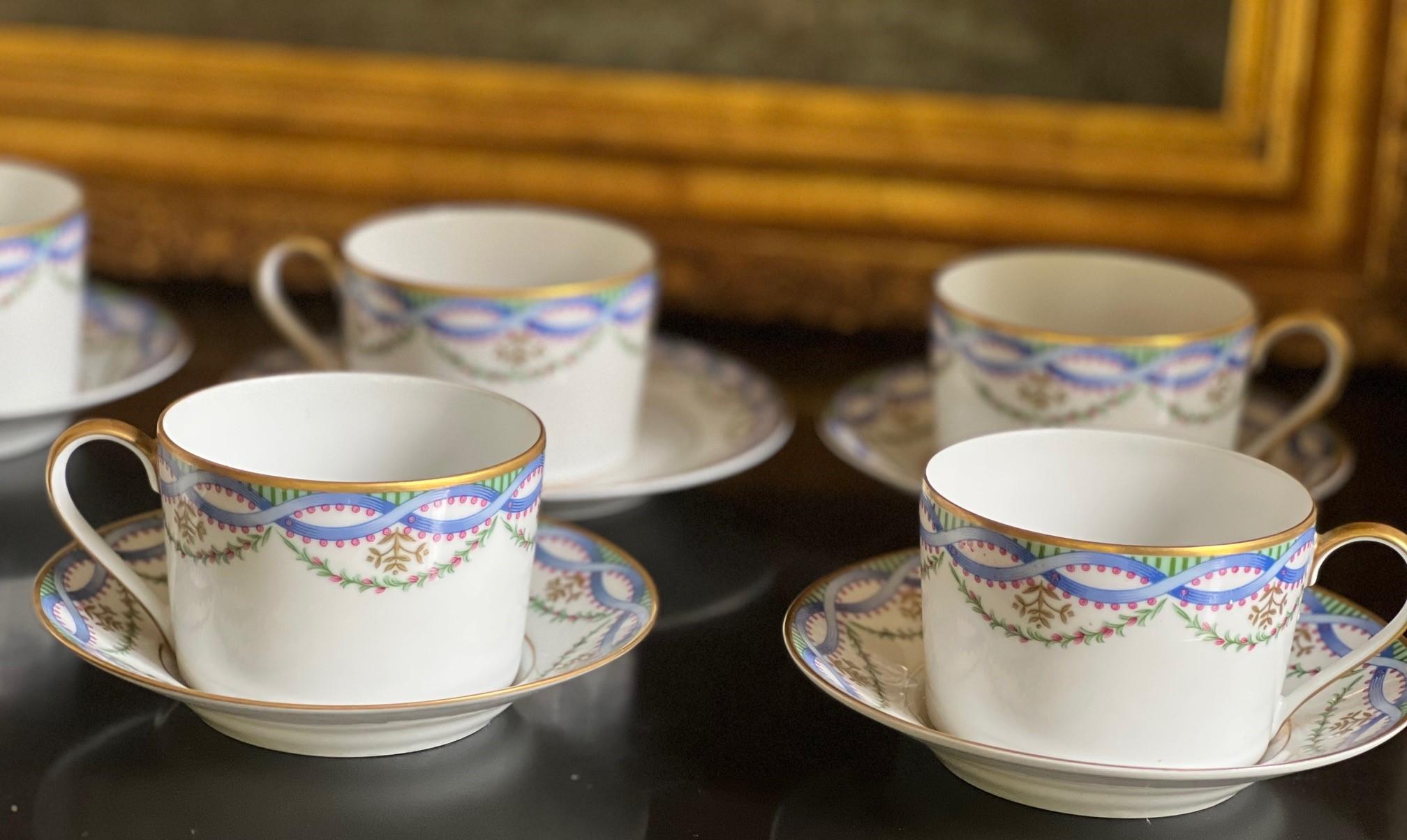 Porcelain Tiffany & Co. French Limoges Louvecinnes Cups and Saucers, Set of 10