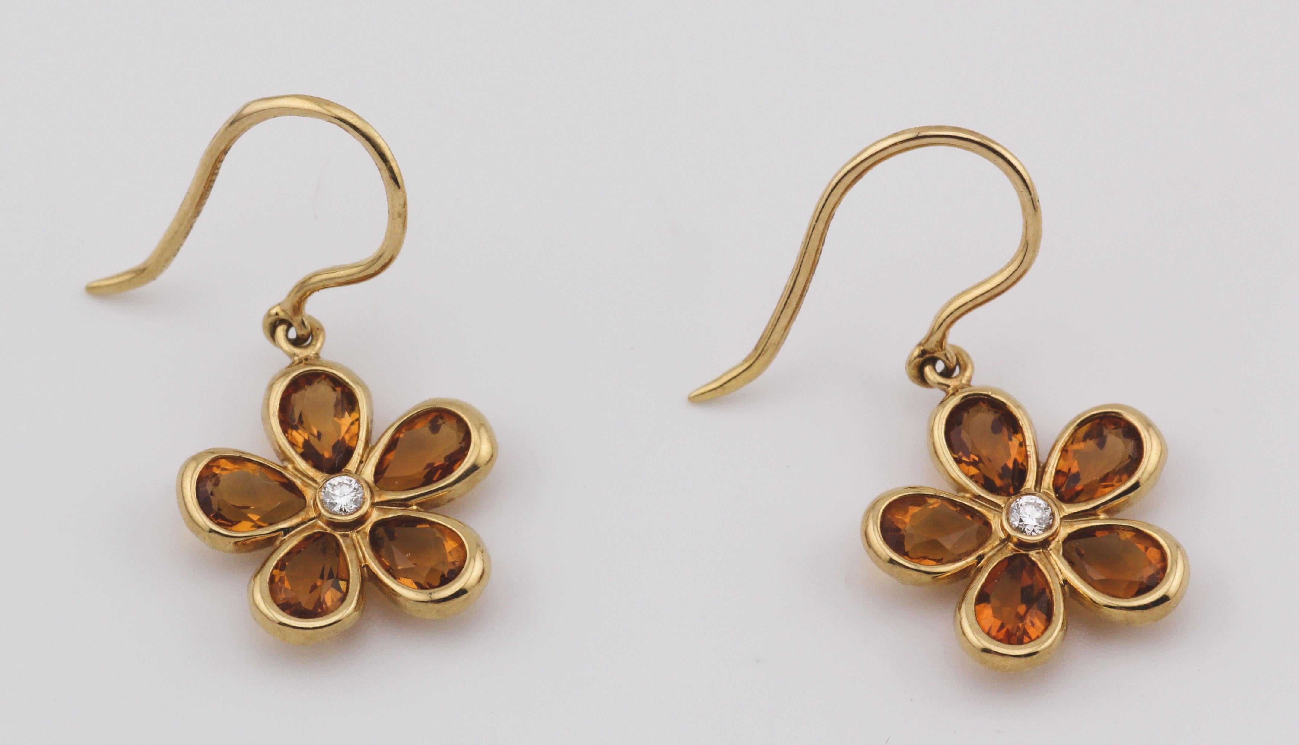Tiffany & Co. Garden Flower Diamond Citrine 18k Yellow Gold Drop Earrings In Good Condition For Sale In Simpsonville, SC