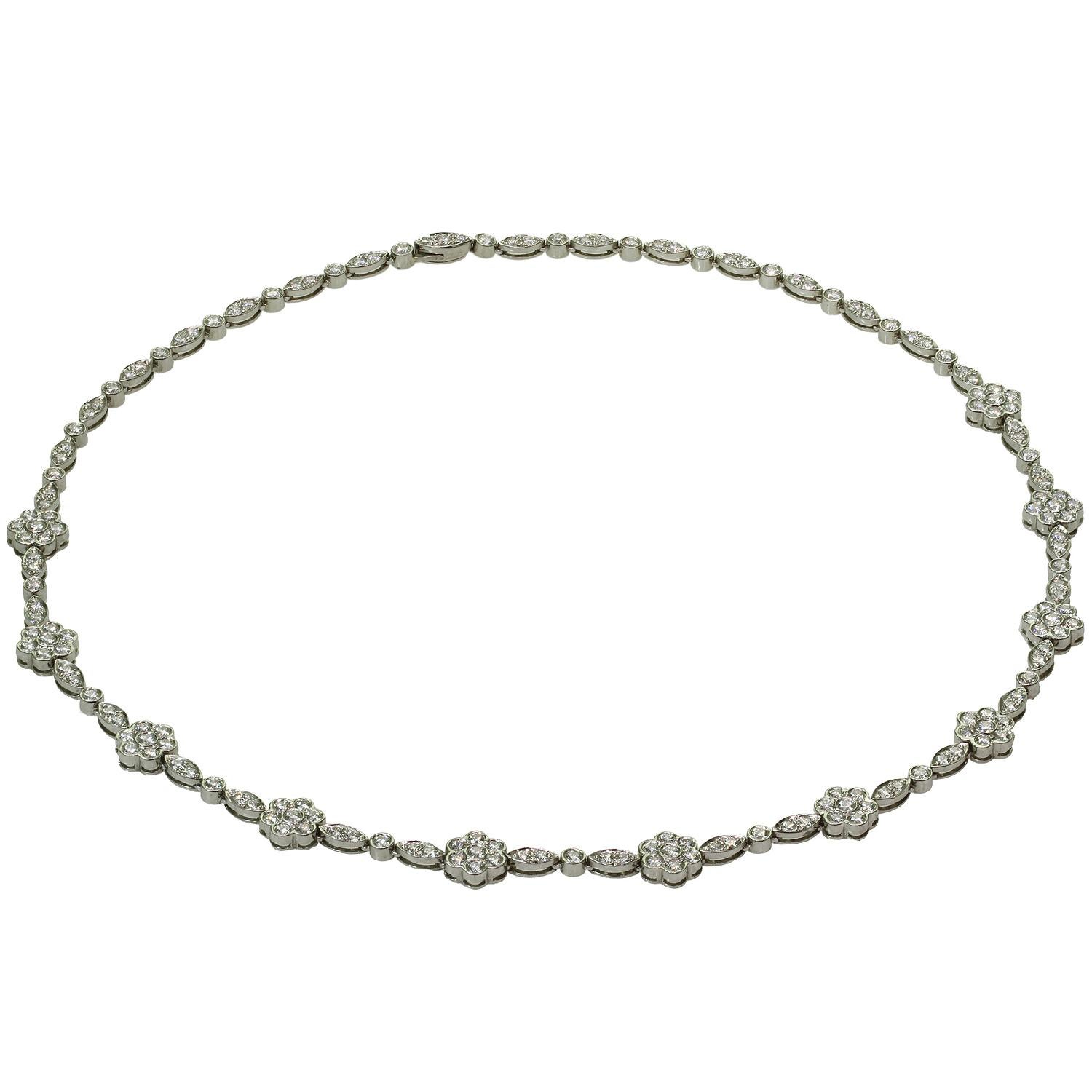 This exquisite Tiffany necklace from the delicate Garden Flower collection features a sparkling floral and geometric links crafted in platinum and set with about 178 brilliant-cut round diamonds of an esimated 8.0 carats. Made in United States circa