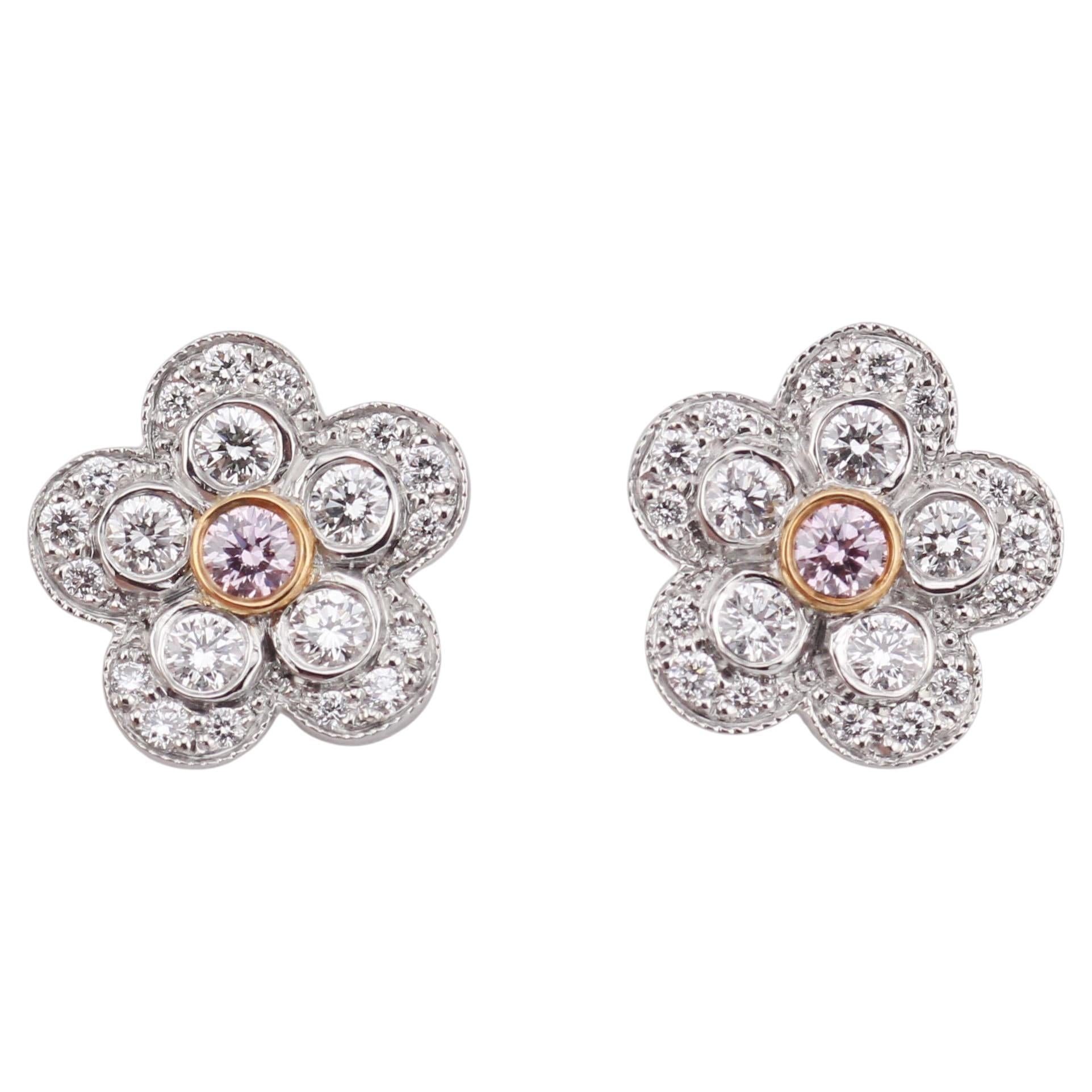 Tiffany & Co. Boucles d'oreilles or platine fleur de jardin Pink Diamond blanc en vente