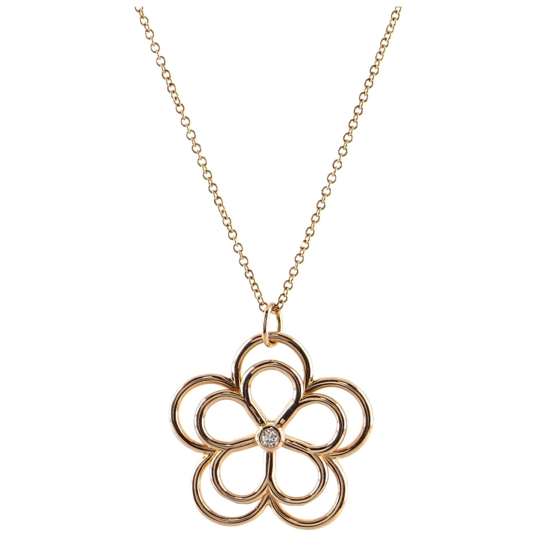 Tiffany & Co. Garden Open Flower Pendant Necklace 18K Rose Gold and Diamond