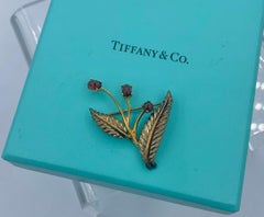 Tiffany & Co Garnet Flower Brooch Pin 18K Gold Sterling Vintage Original Box