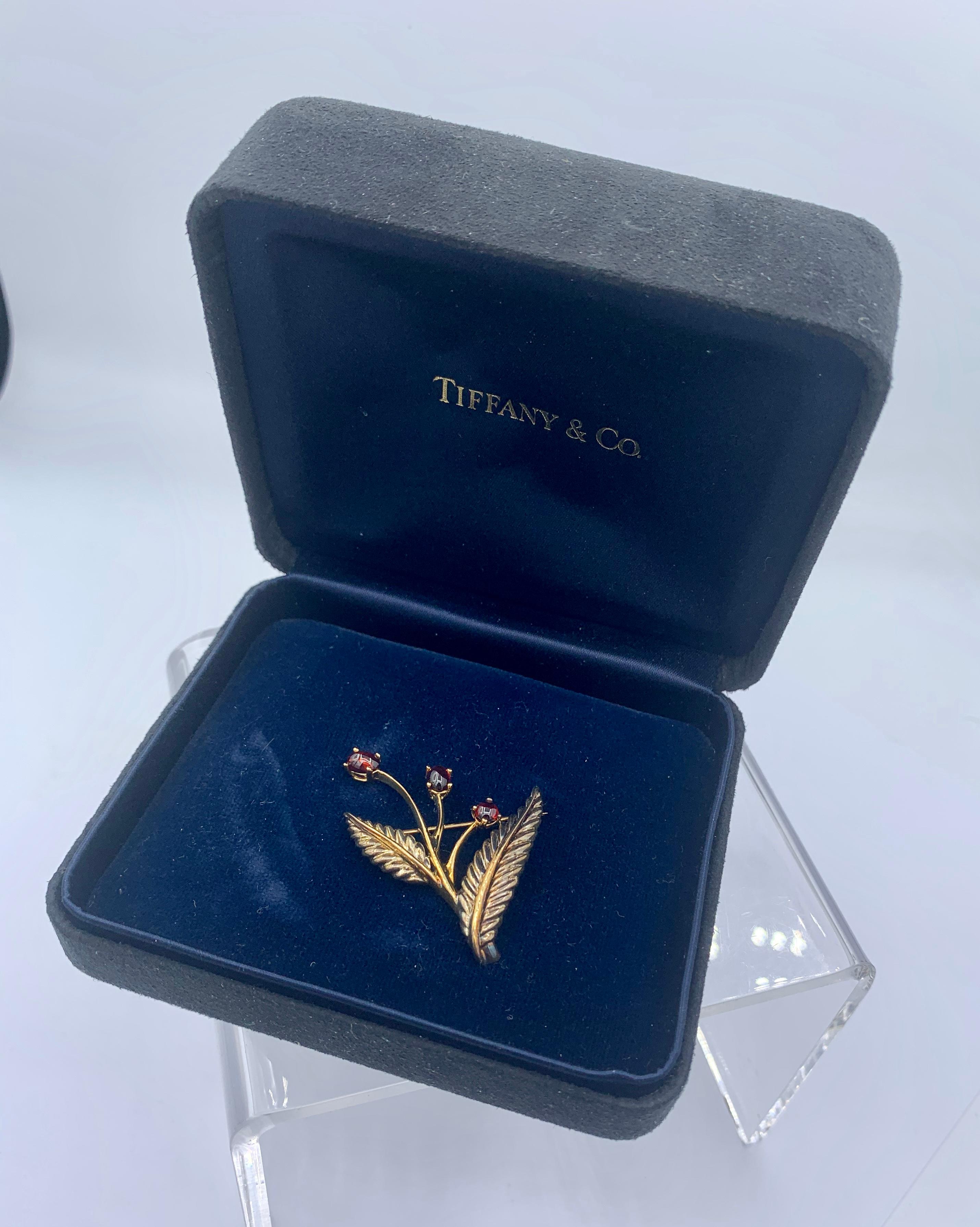 Contemporary Tiffany & Co Garnet Flower Brooch Pin 18K Gold Sterling Vintage Original Box For Sale