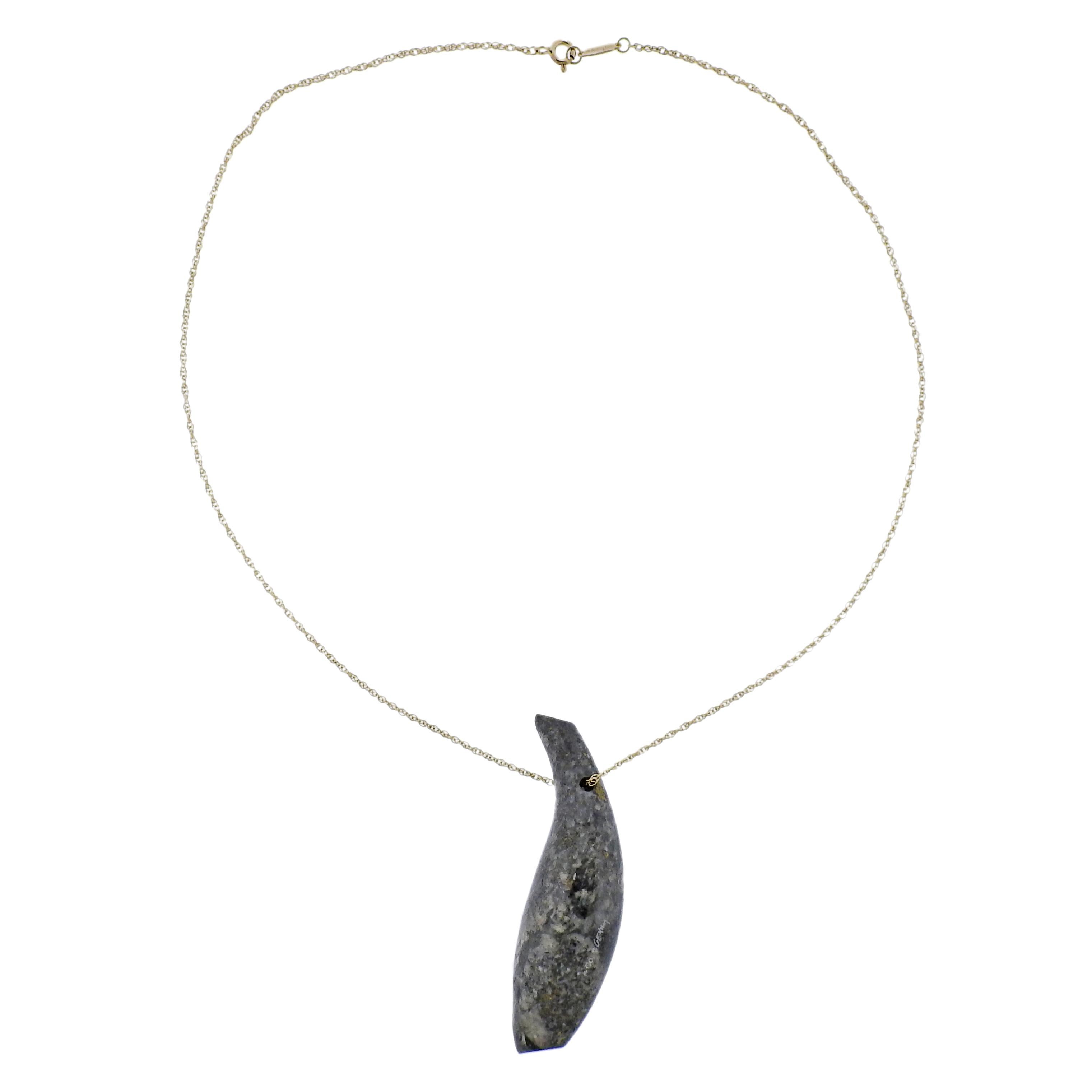 18k gold chain necklace by Frank Gehry for Tiffany & Co, with signature jade Fish pendant.  Necklace is 18