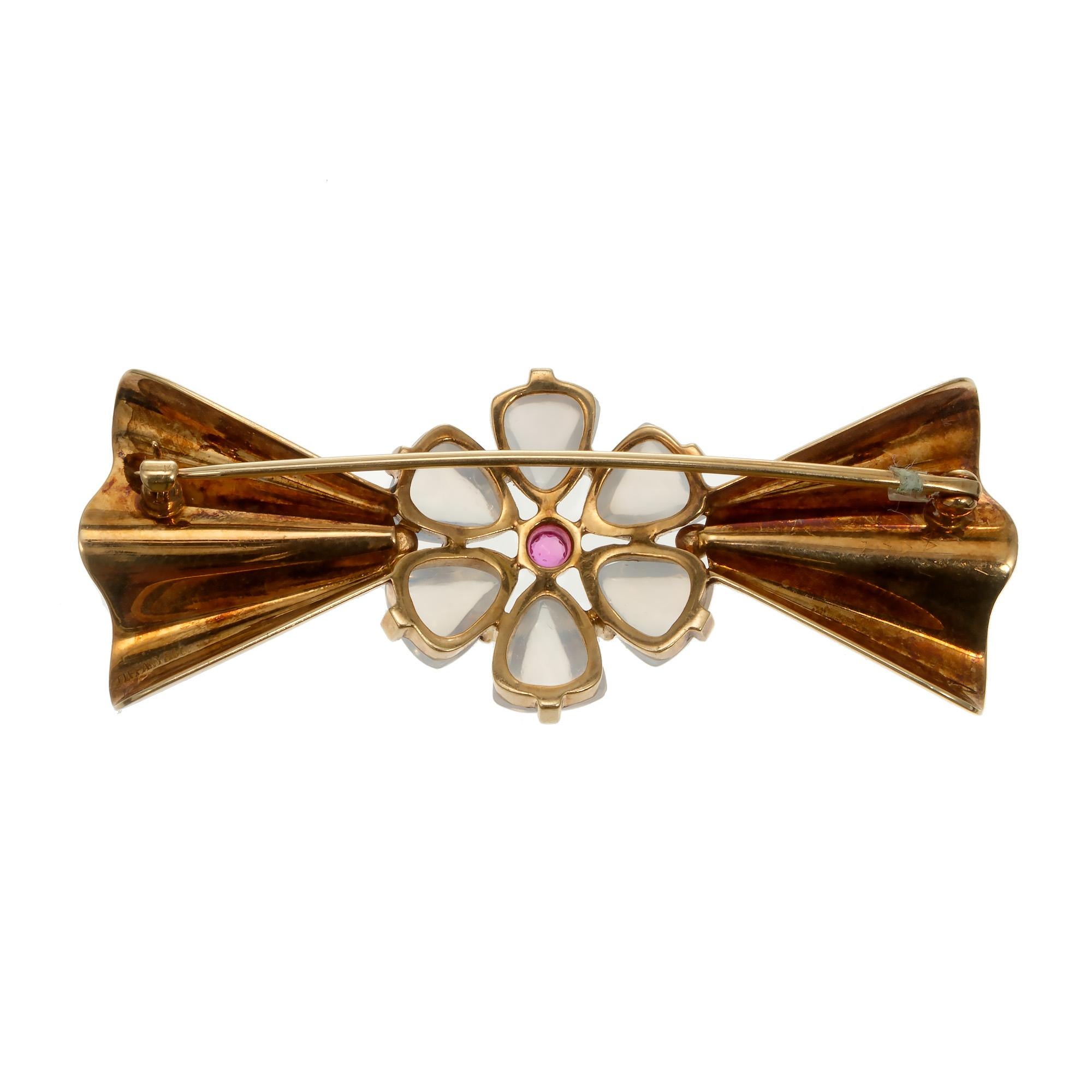 Round Cut Tiffany & Co. Gem Moonstone and Round Ruby Gold Brooch For Sale