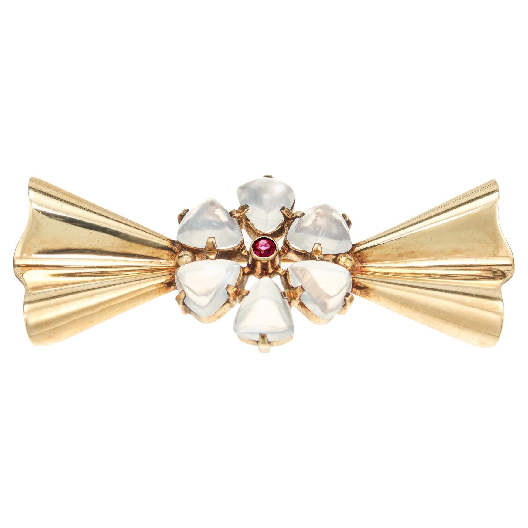 Tiffany & Co. Gem Moonstone and Round Ruby Gold Brooch For Sale