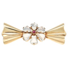 Tiffany & Co. Gem Moonstone and Round Ruby Gold Brooch
