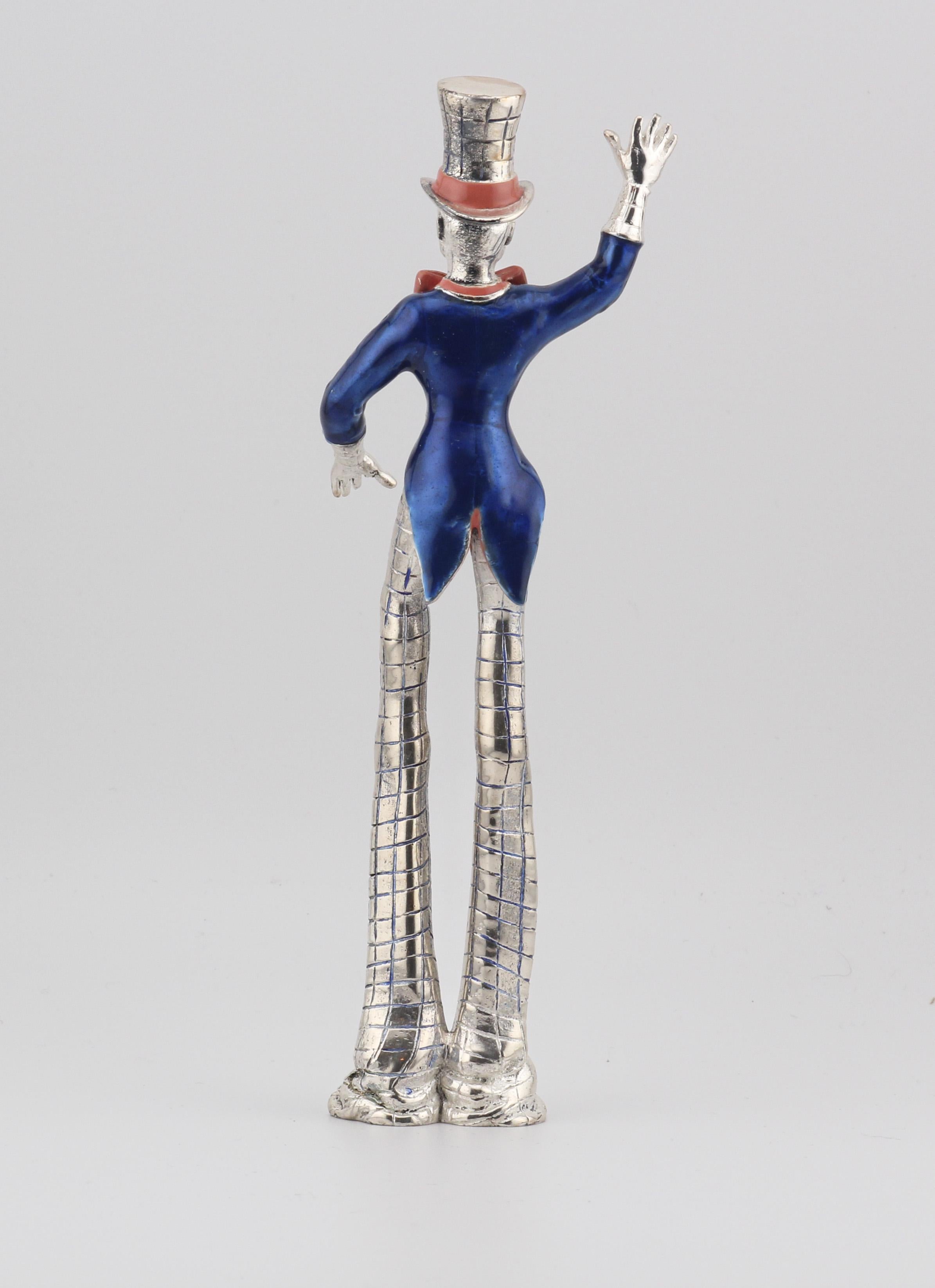 Tiffany & Co. Gene Moore Circus Clown on Stilts Enamel Sterling Silver Figurine In Good Condition For Sale In Bellmore, NY