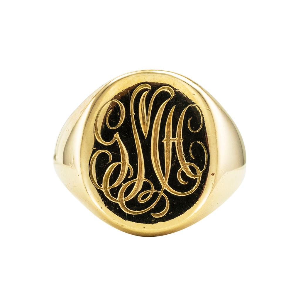 Tiffany & Co gentleman’s yellow gold signet ring circa 1950. *

ABOUT THIS ITEM:  #A8066. Scroll down for specifications.  On close inspection, it is obvious that this ring has enjoyed life.  The high magnification and controlled lighting conditions