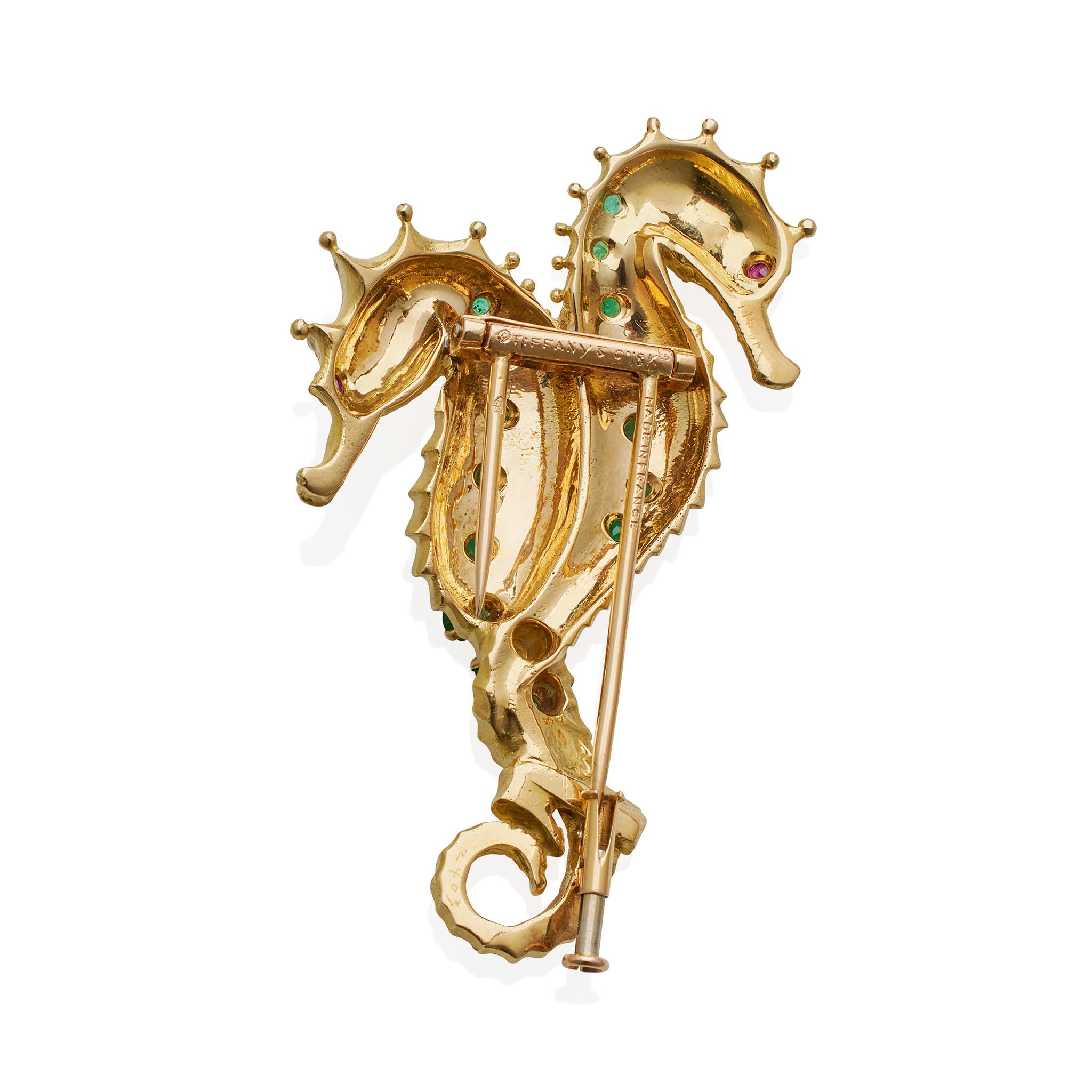 Round Cut Tiffany & Co. Georges Lenfant 18k Gold and Emerald Double Seahorse Brooch For Sale