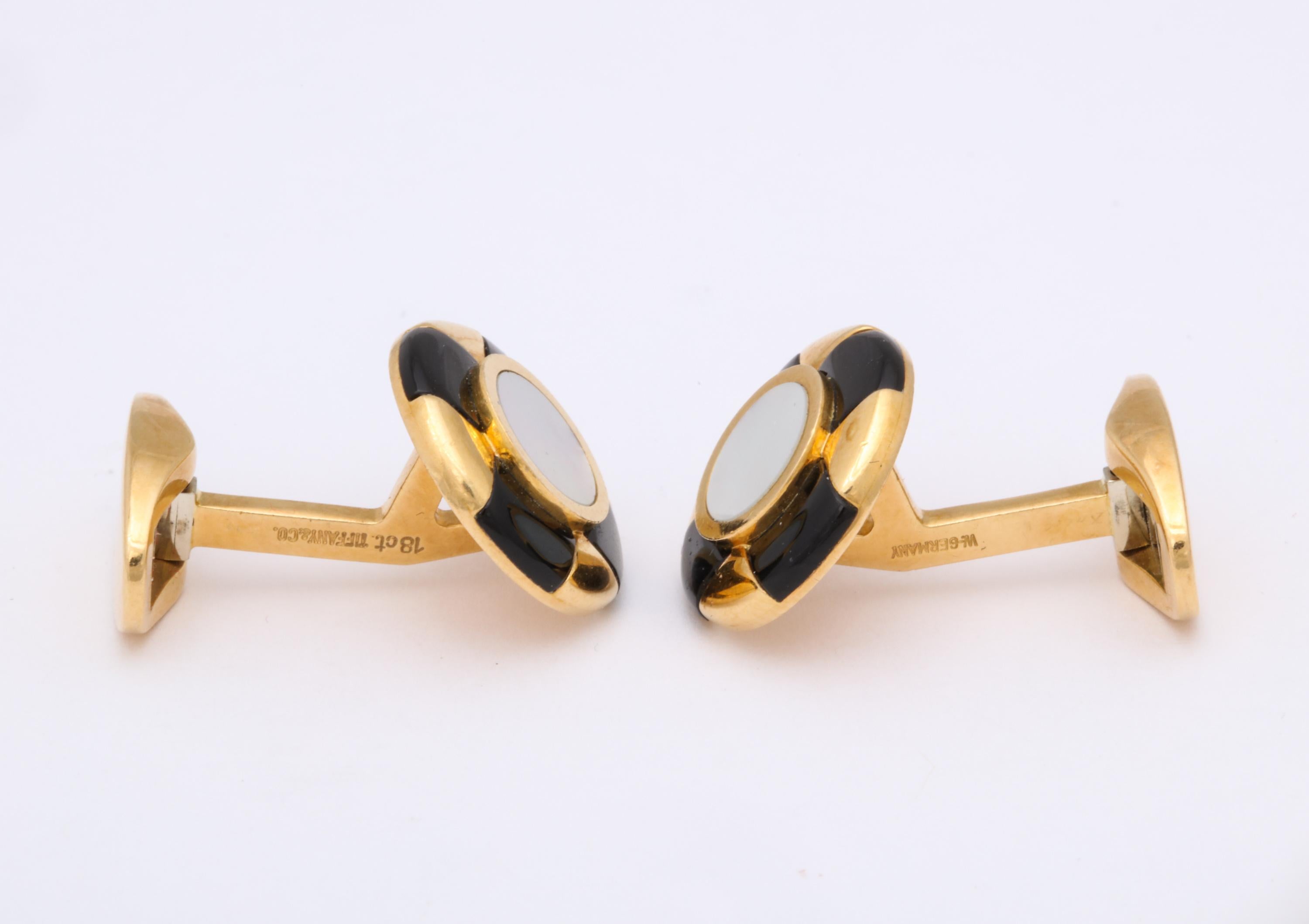Men's Tiffany & Co. Germany 1980s Mother of Pearl and Onyx Gold Flip Up Cufflinks